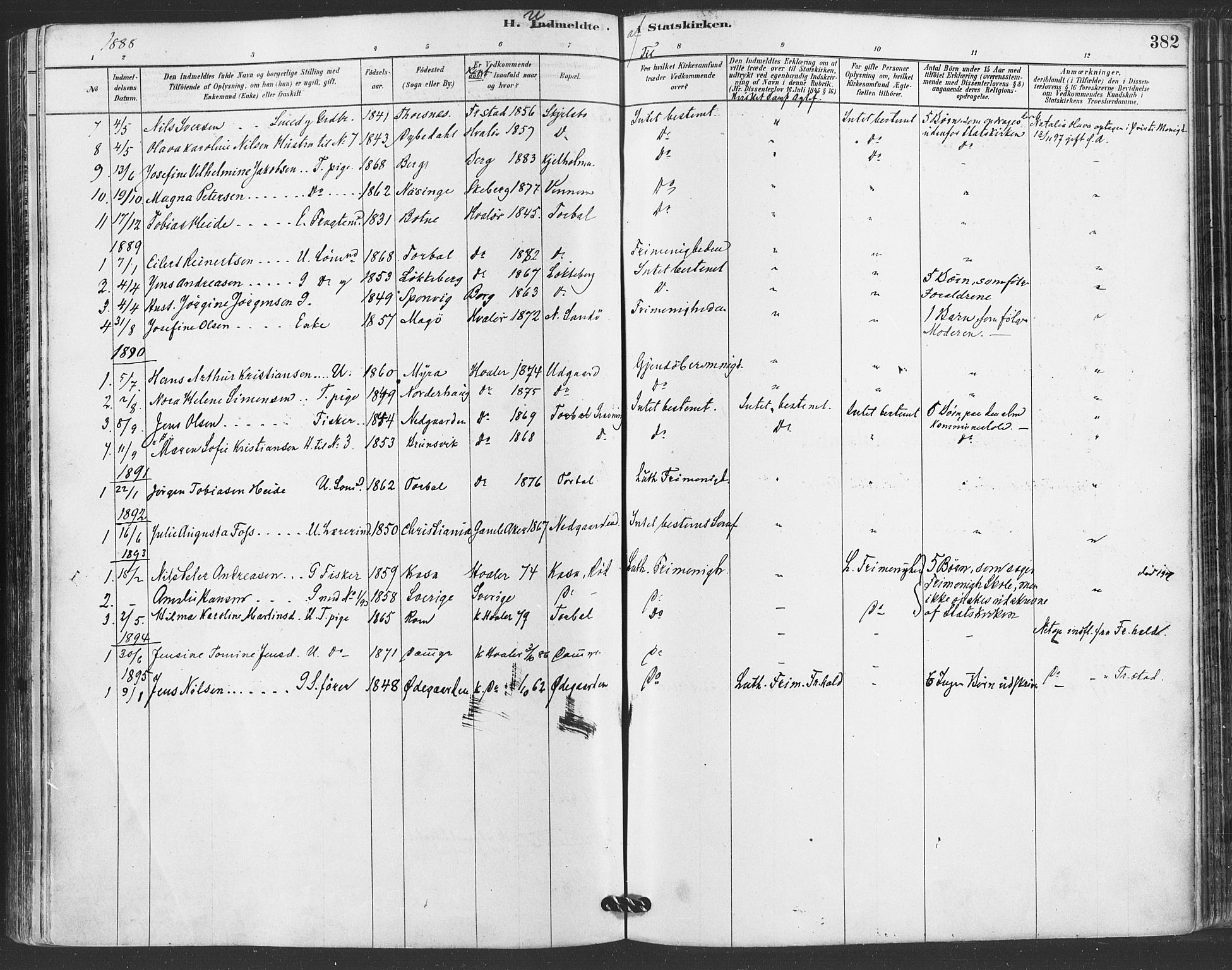 Hvaler prestekontor Kirkebøker, SAO/A-2001/F/Fa/L0008: Parish register (official) no. I 8, 1878-1895, p. 382