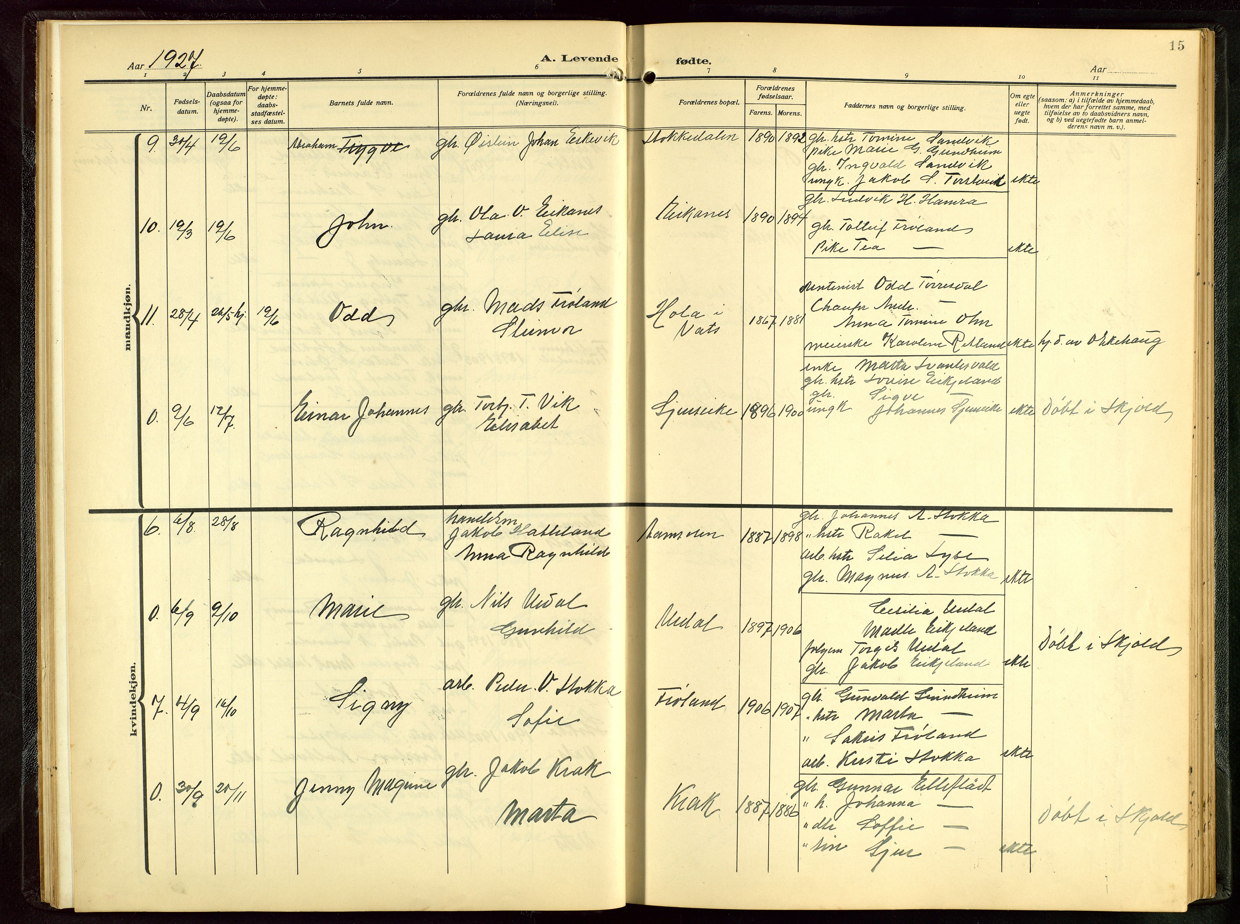 Skjold sokneprestkontor, AV/SAST-A-101847/H/Ha/Hab/L0011: Parish register (copy) no. B 11, 1922-1951, p. 15