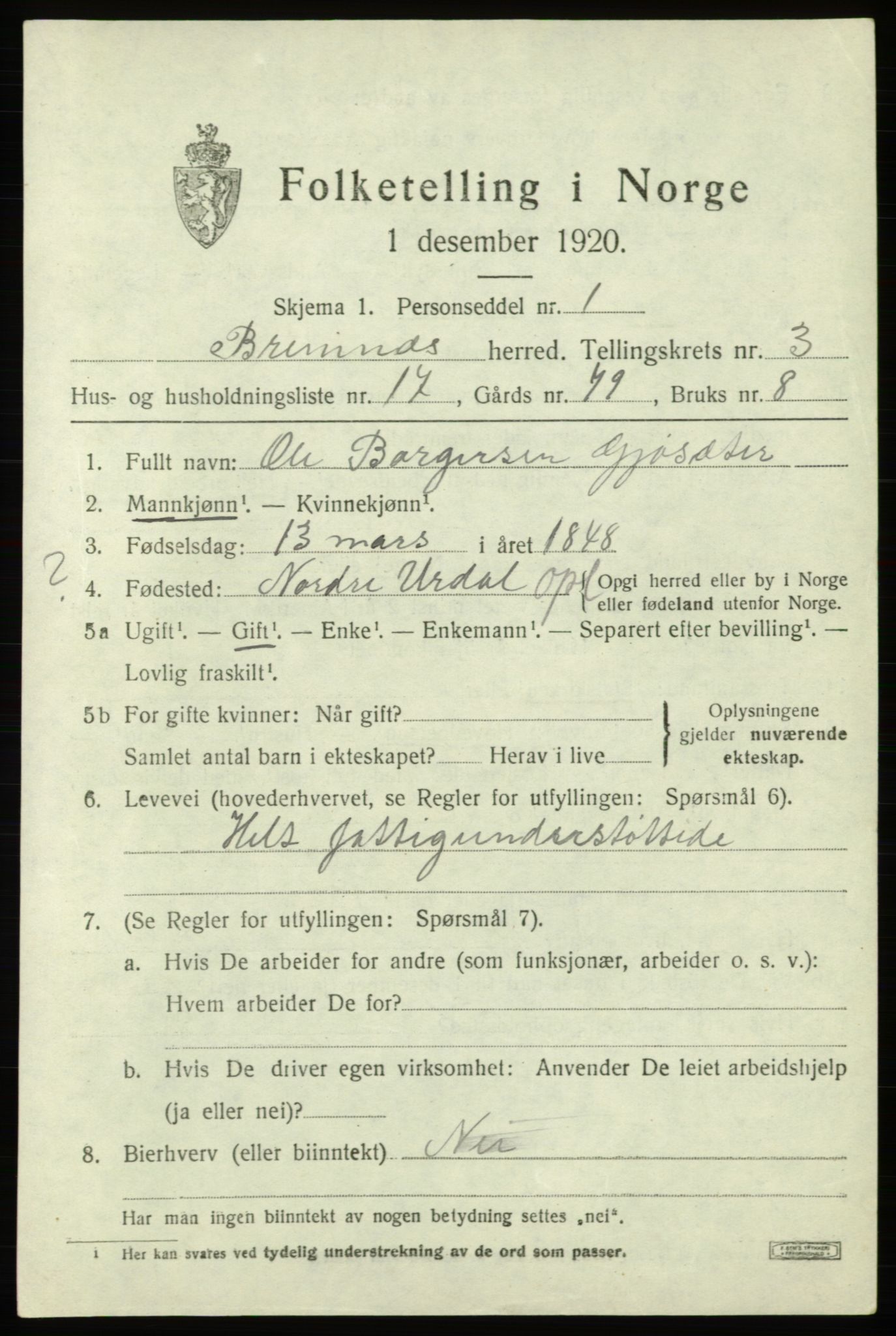 SAB, 1920 census for Bremnes, 1920, p. 1772