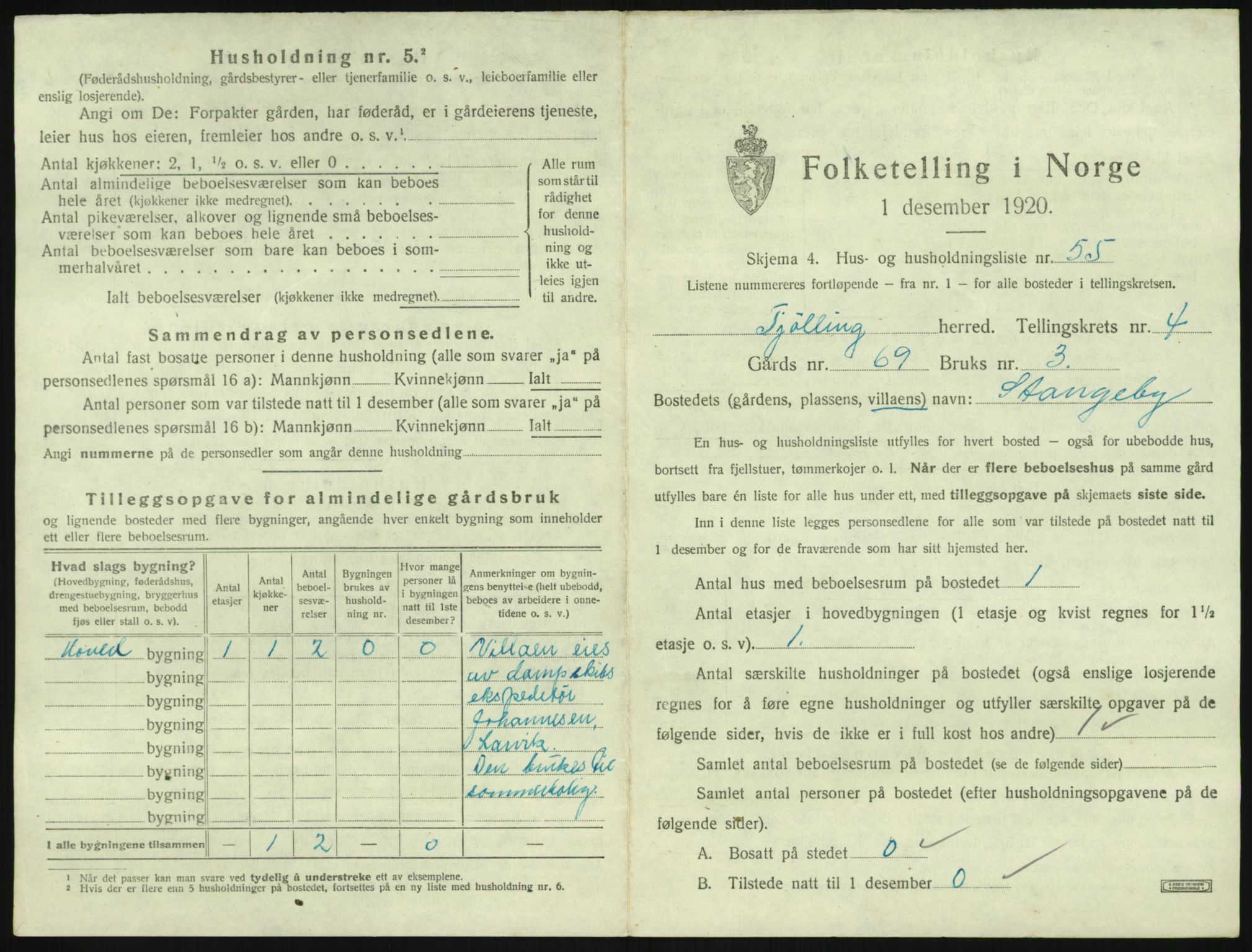 SAKO, 1920 census for Tjølling, 1920, p. 1183