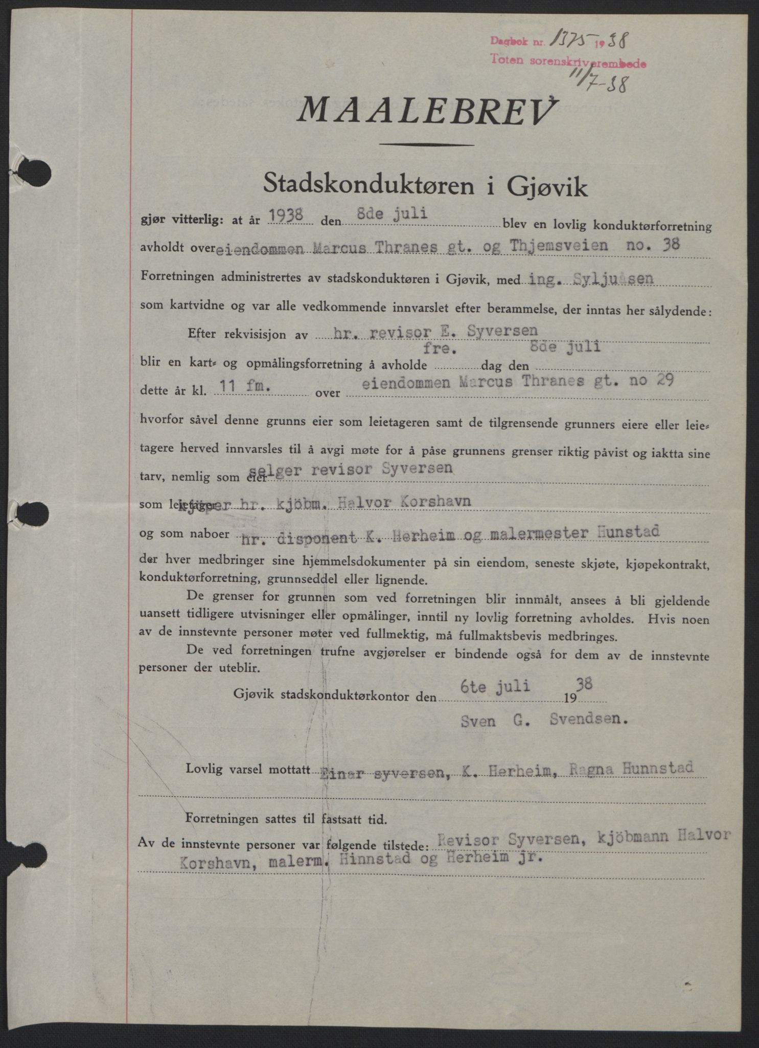 Toten tingrett, SAH/TING-006/H/Hb/Hbc/L0004: Mortgage book no. Hbc-04, 1938-1938, Diary no: : 1375/1938