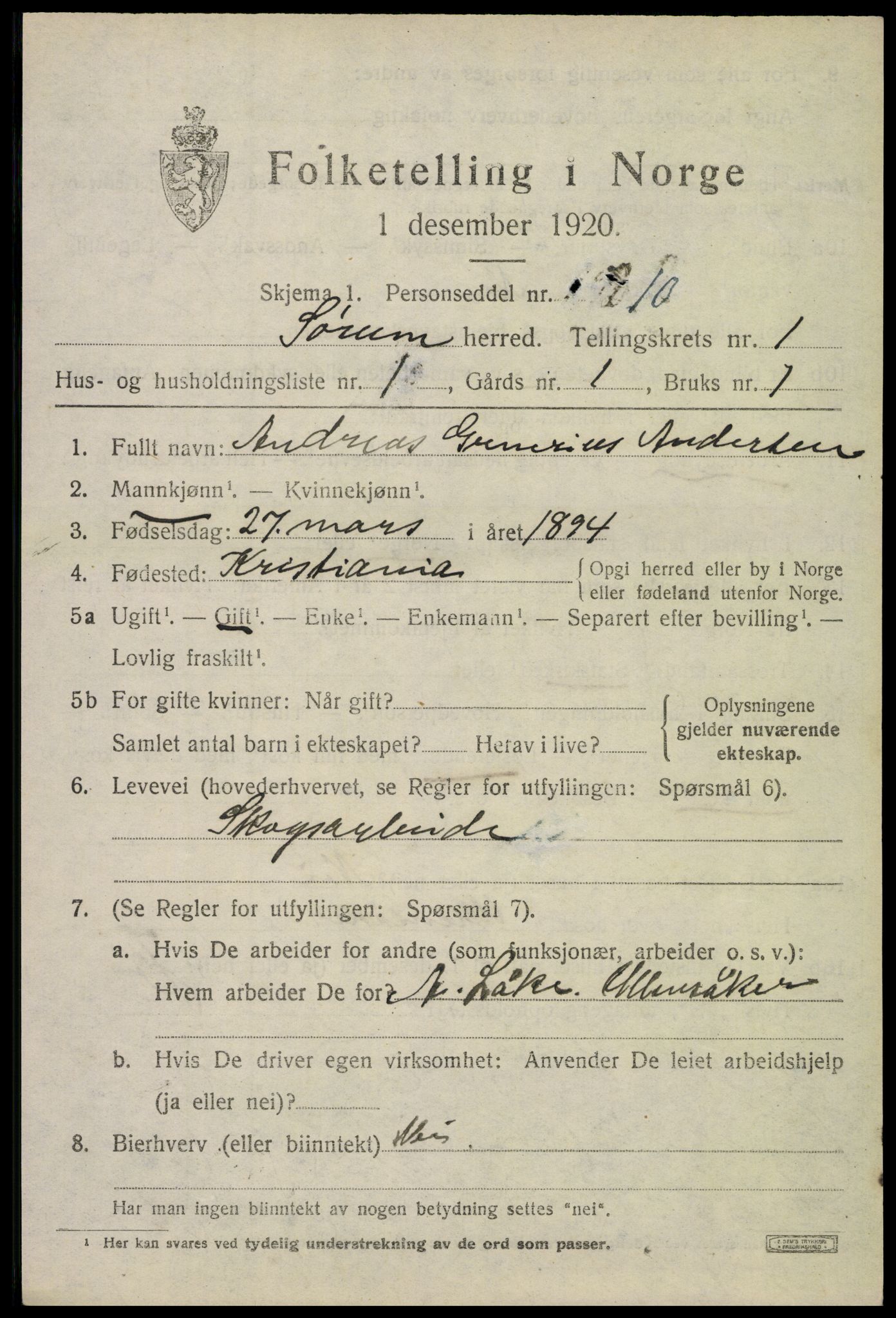 SAO, 1920 census for Sørum, 1920, p. 1141