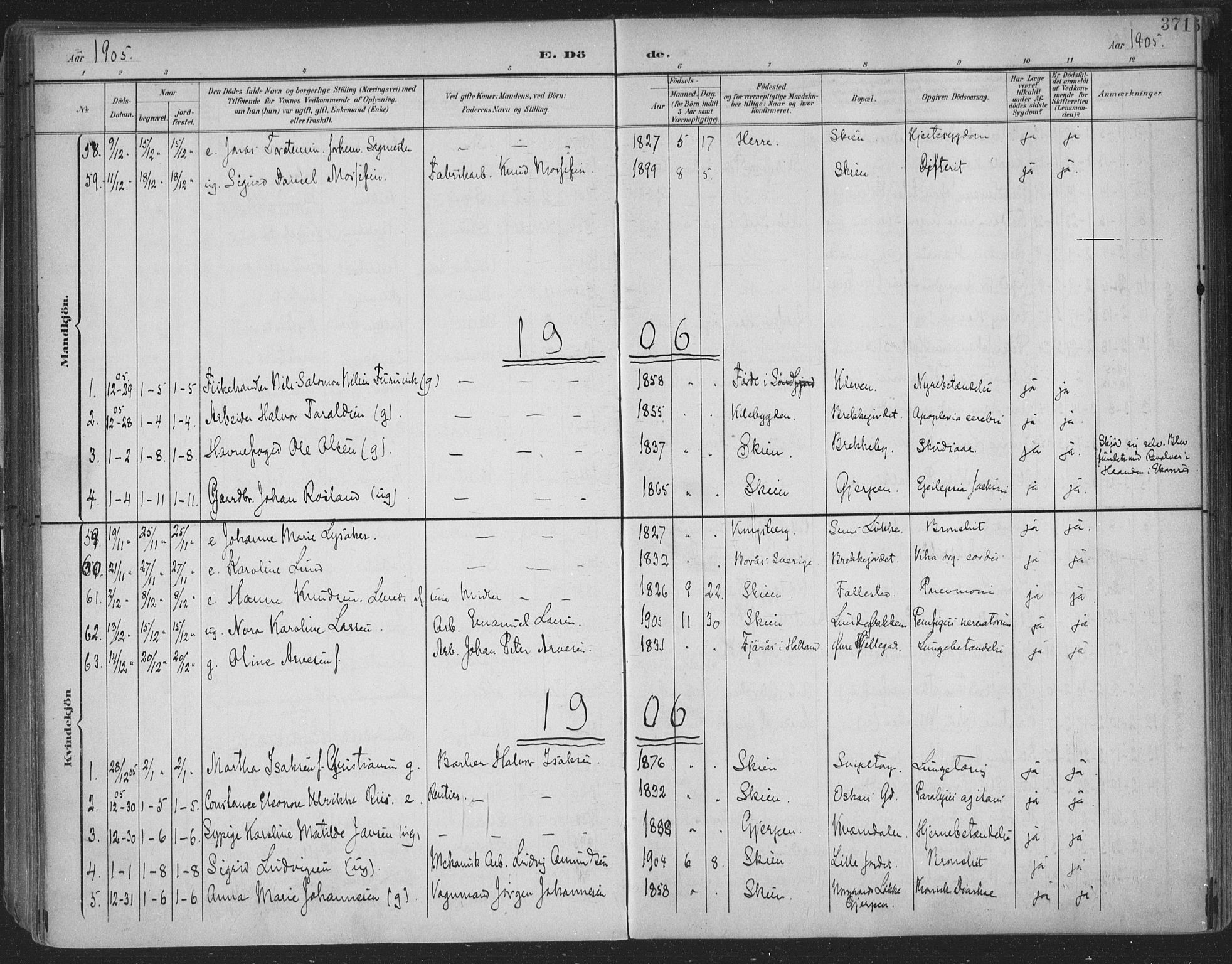 Skien kirkebøker, AV/SAKO-A-302/F/Fa/L0011: Parish register (official) no. 11, 1900-1907, p. 371