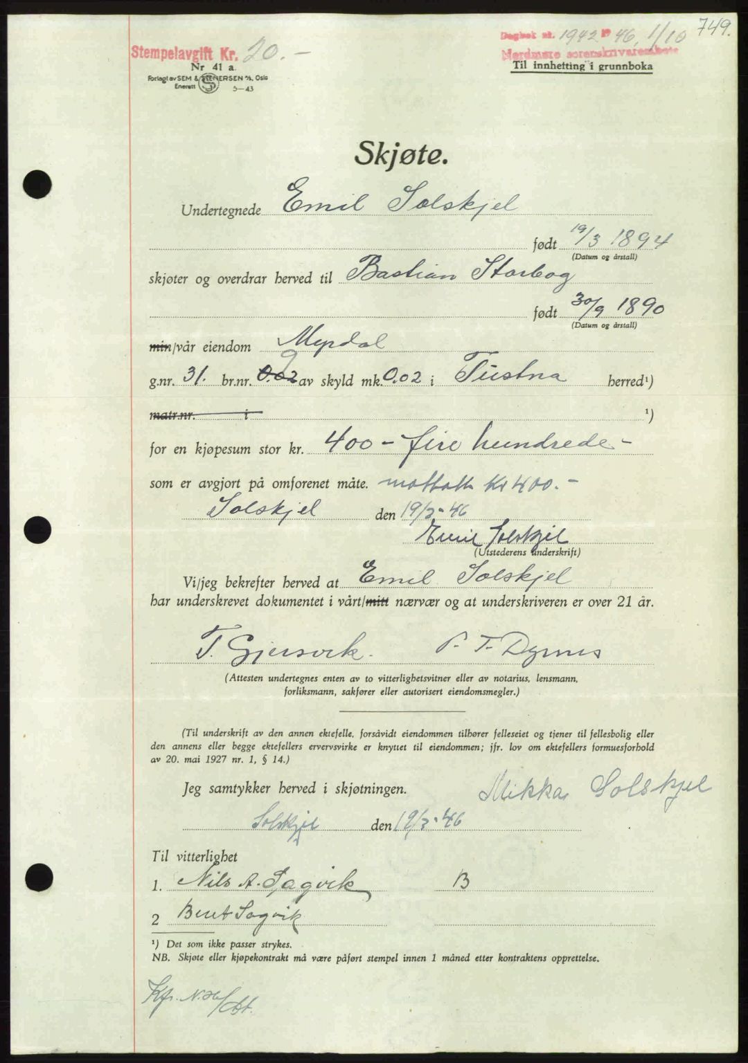 Nordmøre sorenskriveri, AV/SAT-A-4132/1/2/2Ca: Mortgage book no. A102, 1946-1946, Diary no: : 1942/1946