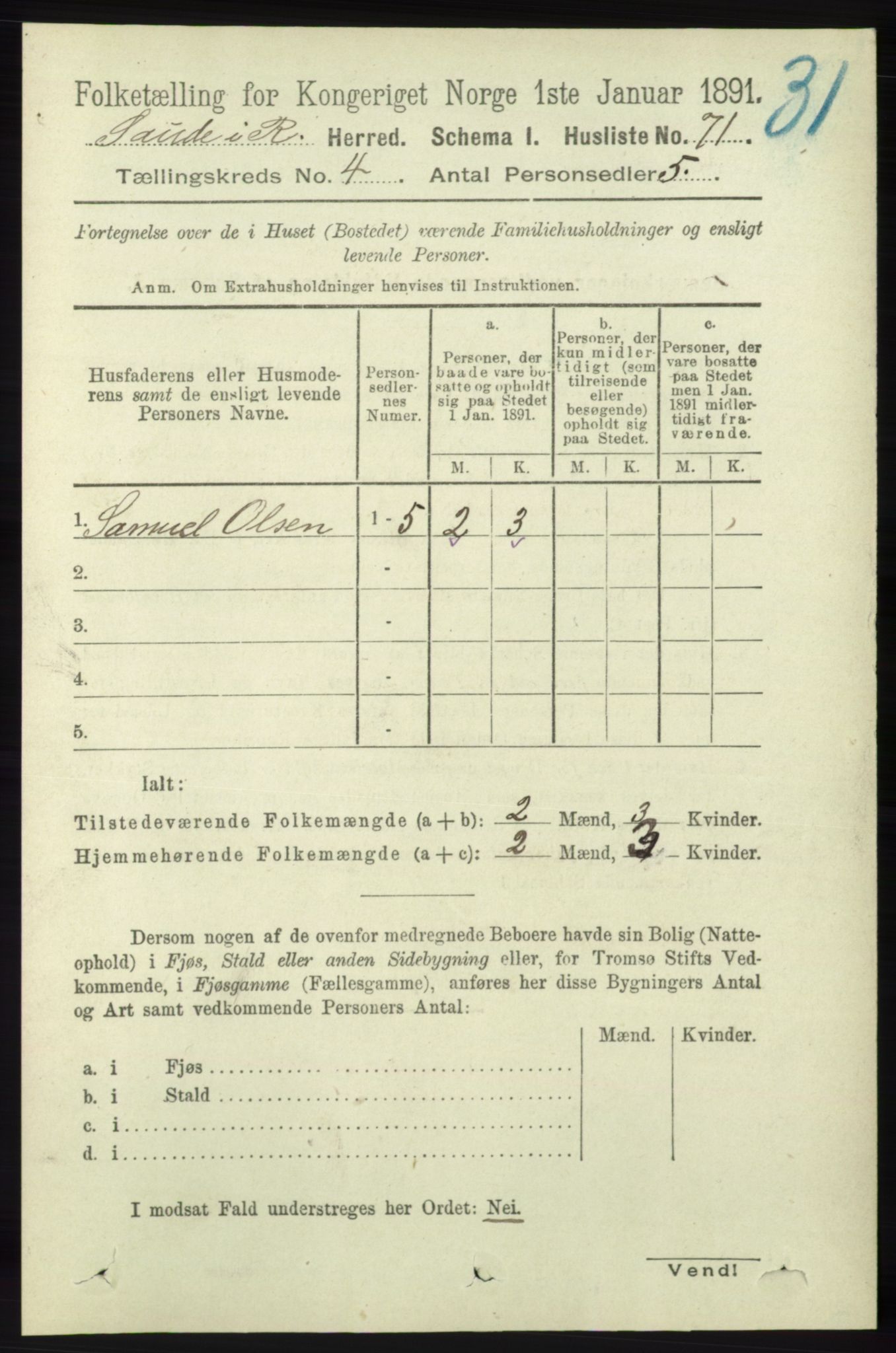 RA, 1891 census for 1135 Sauda, 1891, p. 1811