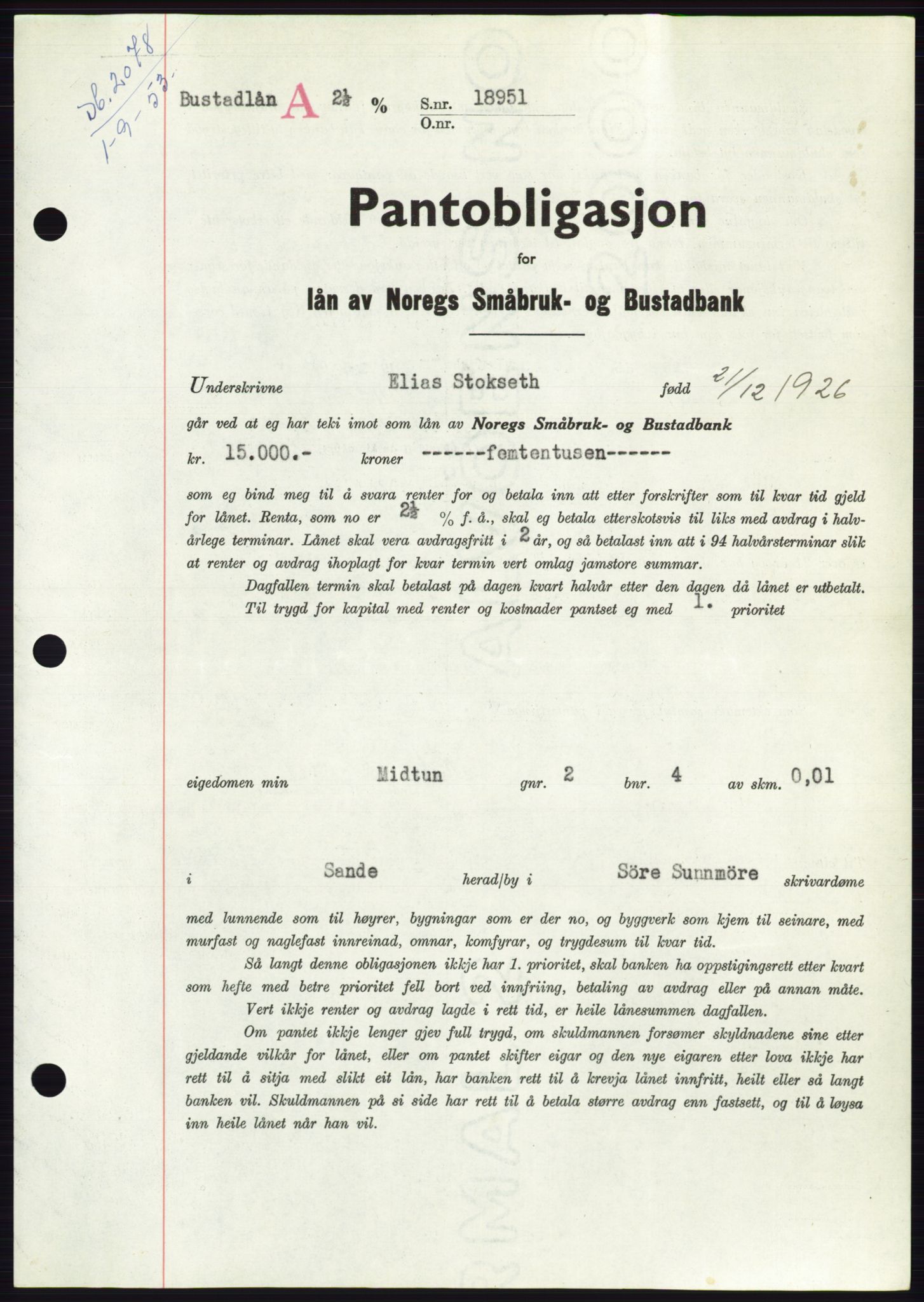 Søre Sunnmøre sorenskriveri, AV/SAT-A-4122/1/2/2C/L0123: Mortgage book no. 11B, 1953-1953, Diary no: : 2078/1953