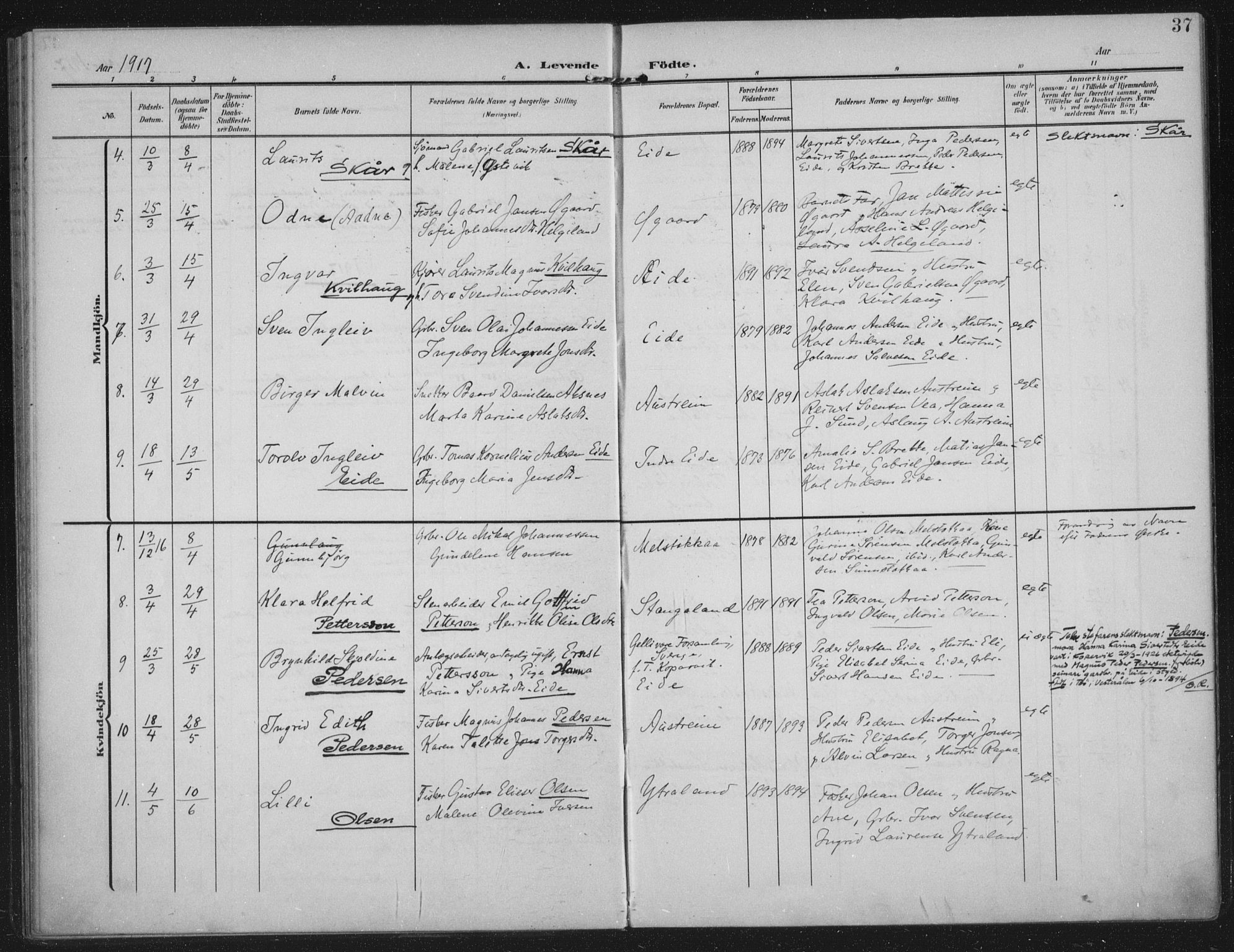 Kopervik sokneprestkontor, AV/SAST-A-101850/H/Ha/Haa/L0003: Parish register (official) no. A 3, 1906-1924, p. 37