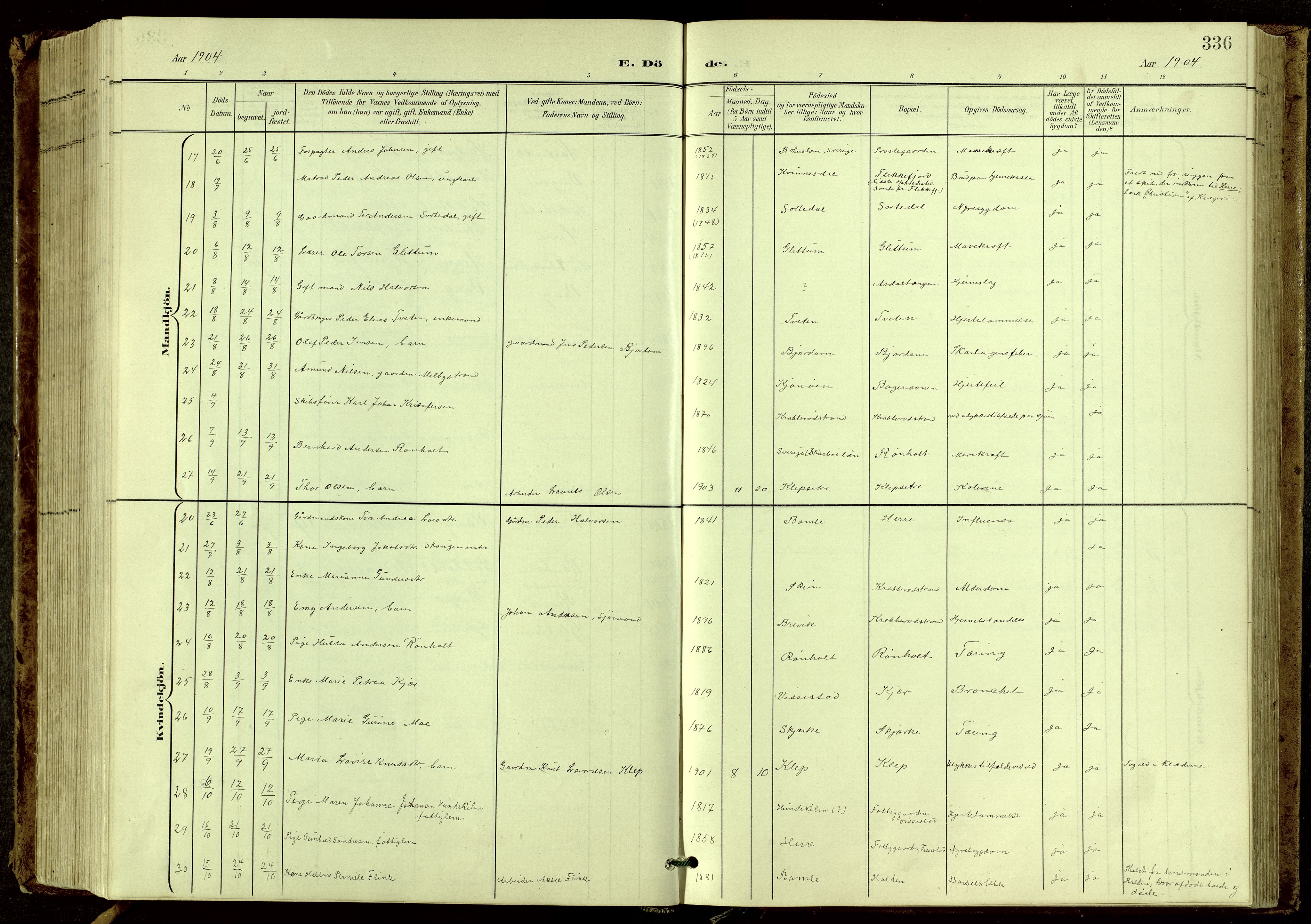 Bamble kirkebøker, SAKO/A-253/G/Ga/L0010: Parish register (copy) no. I 10, 1901-1919, p. 336