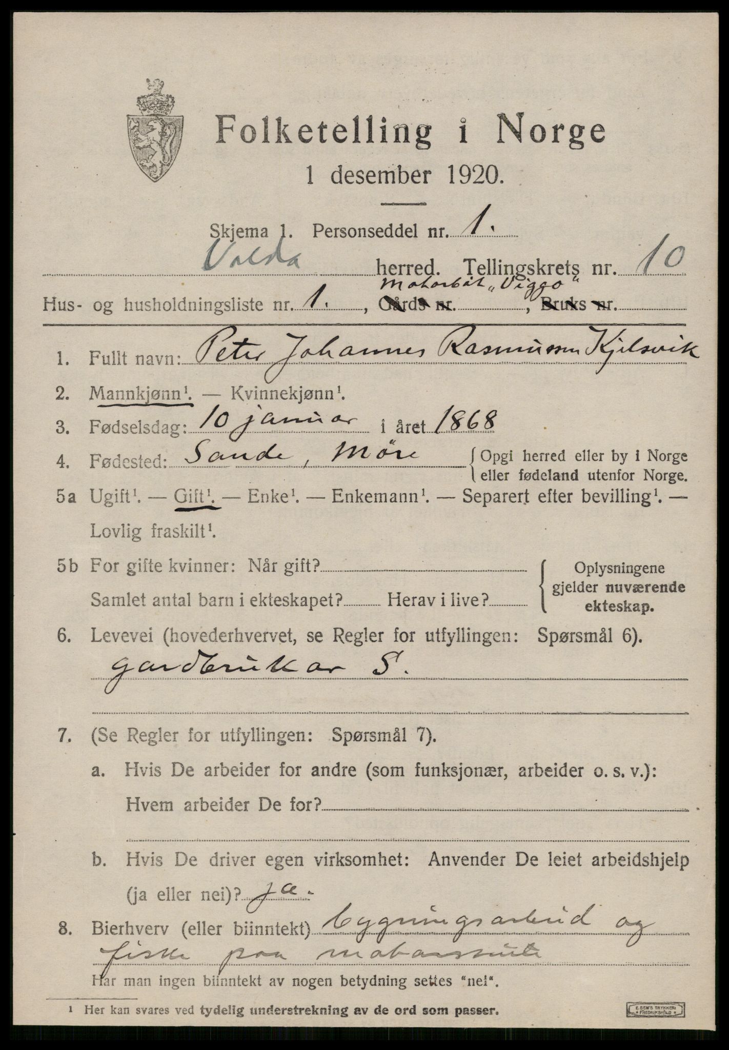 SAT, 1920 census for Volda, 1920, p. 7168