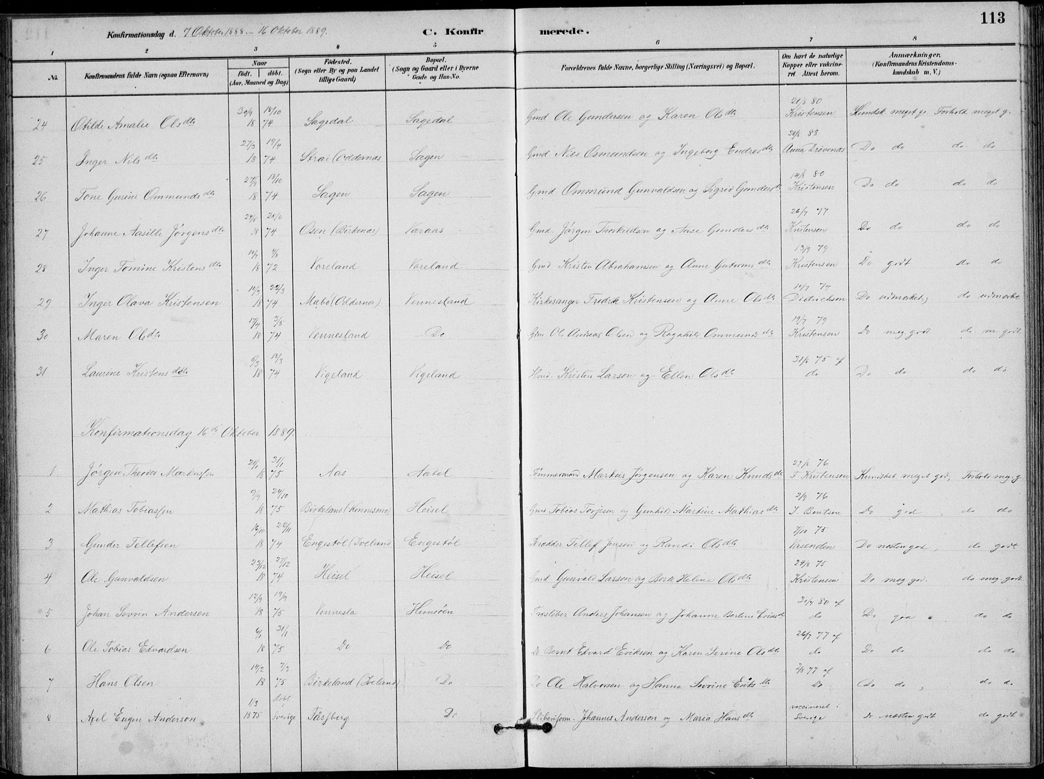 Vennesla sokneprestkontor, SAK/1111-0045/Fb/Fbb/L0003: Parish register (copy) no. B 3, 1879-1893, p. 113