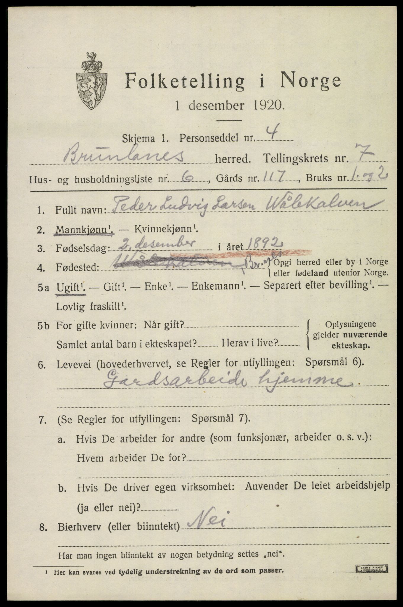 SAKO, 1920 census for Brunlanes, 1920, p. 7141
