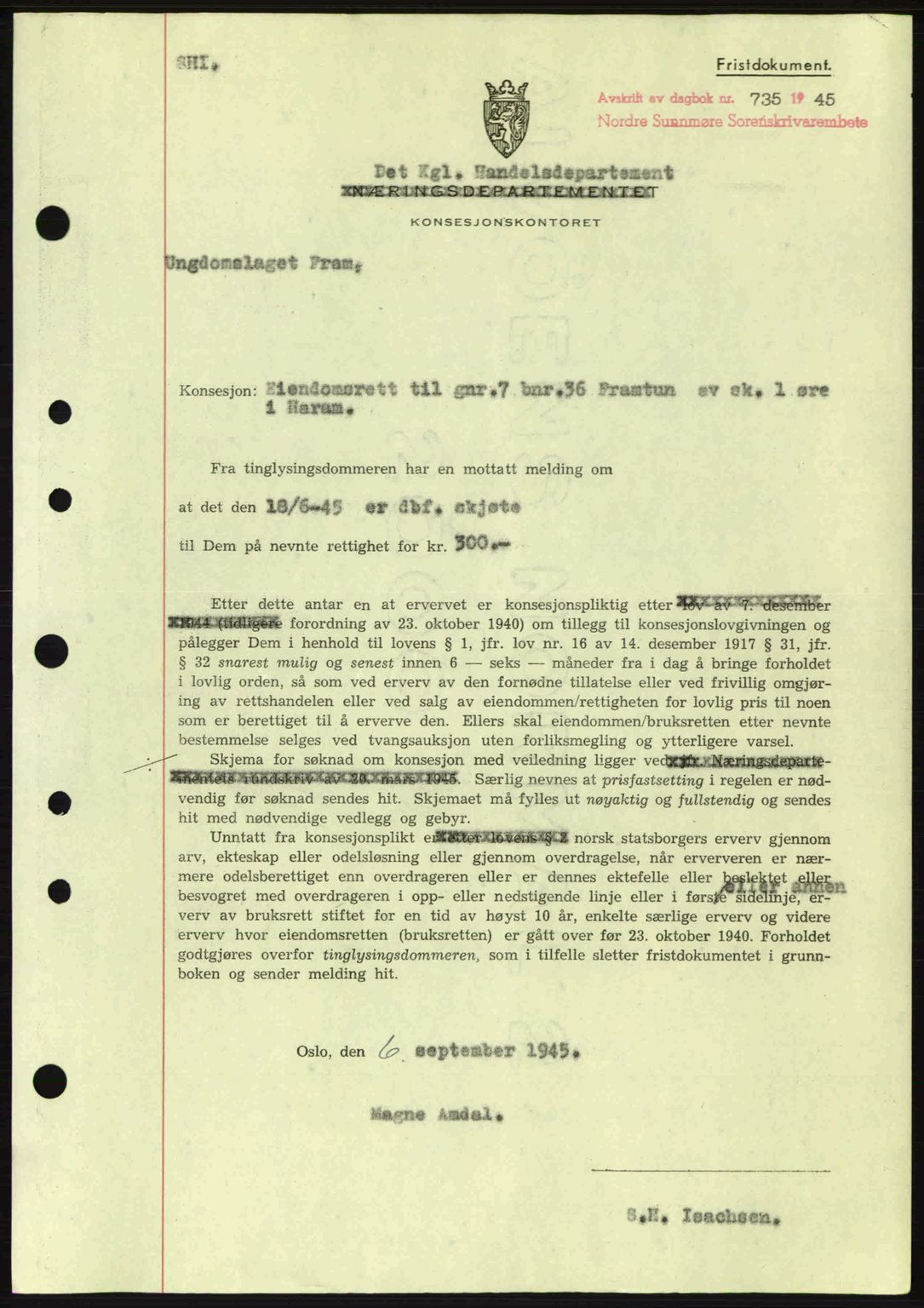 Nordre Sunnmøre sorenskriveri, SAT/A-0006/1/2/2C/2Ca: Mortgage book no. B6-14 a, 1942-1945, Diary no: : 735/1945
