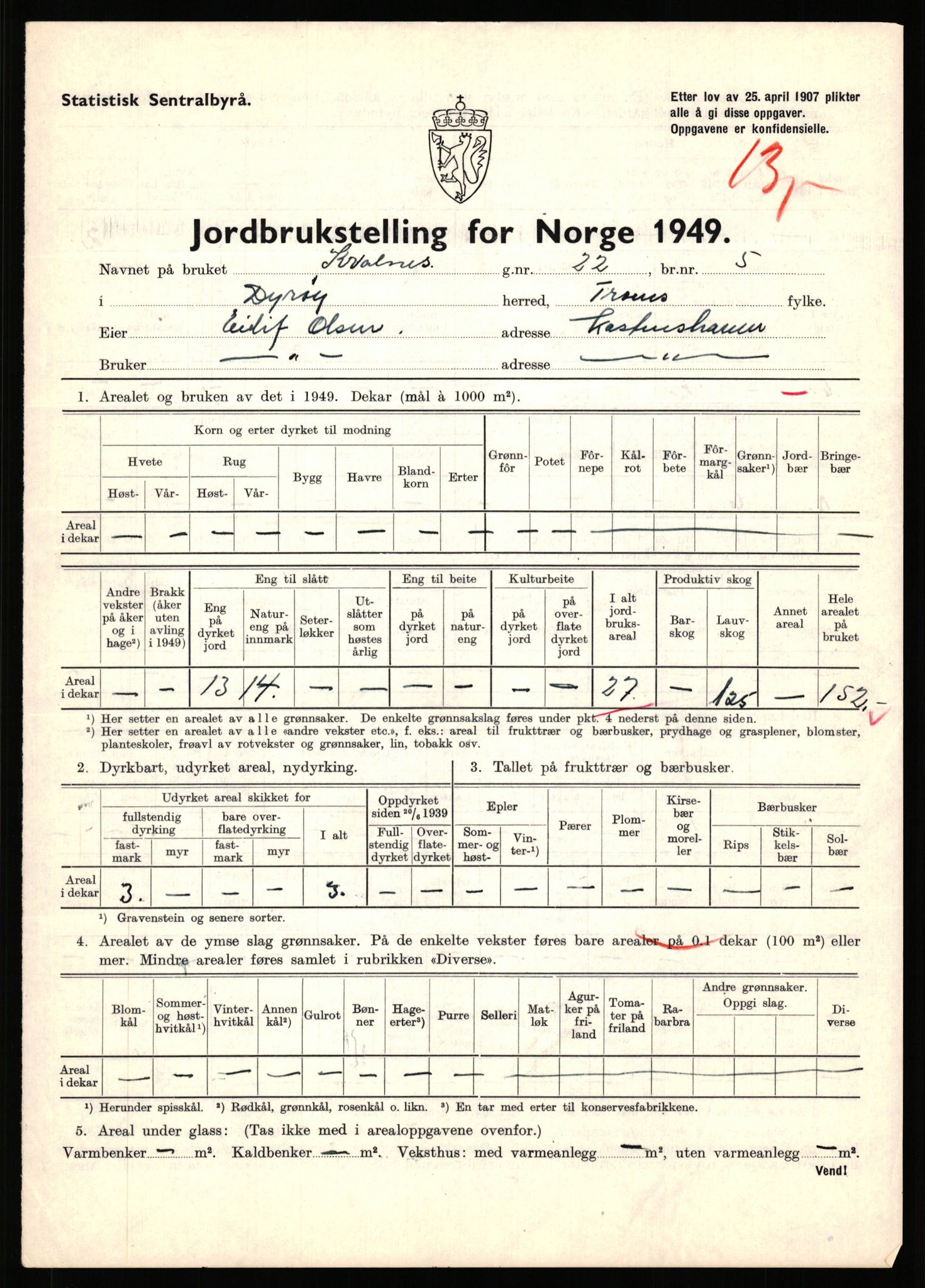Statistisk sentralbyrå, Næringsøkonomiske emner, Jordbruk, skogbruk, jakt, fiske og fangst, AV/RA-S-2234/G/Gc/L0440: Troms: Sørreisa og Dyrøy, 1949, p. 1508