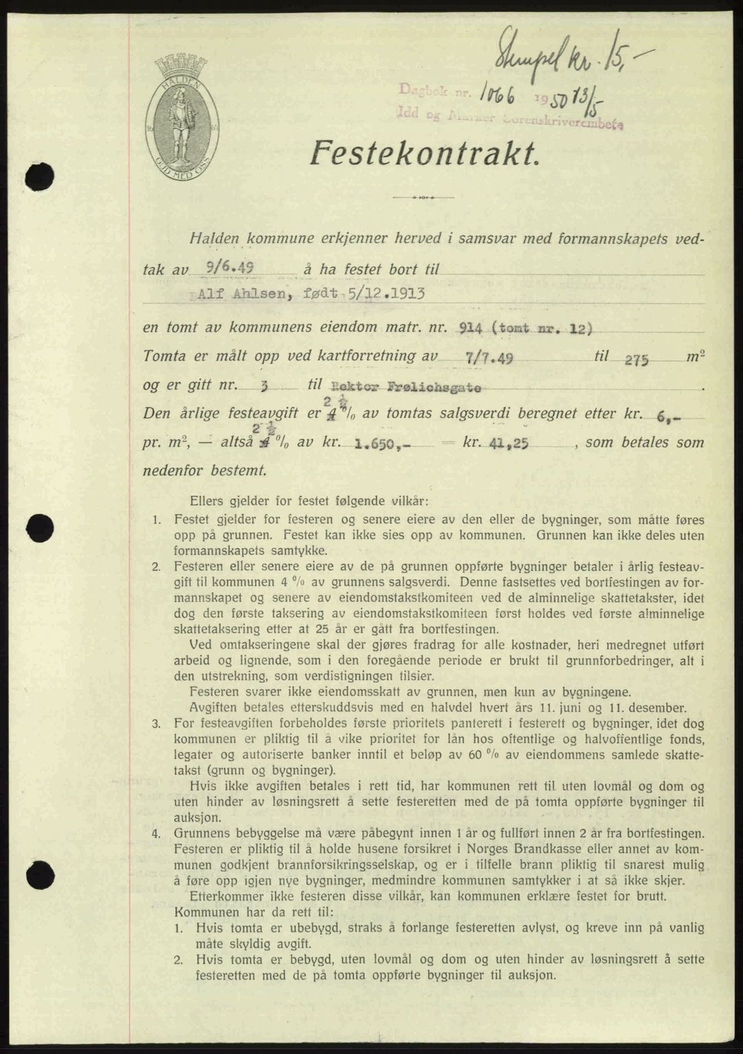 Idd og Marker sorenskriveri, AV/SAO-A-10283/G/Gb/Gbb/L0014: Mortgage book no. A14, 1950-1950, Diary no: : 1066/1950