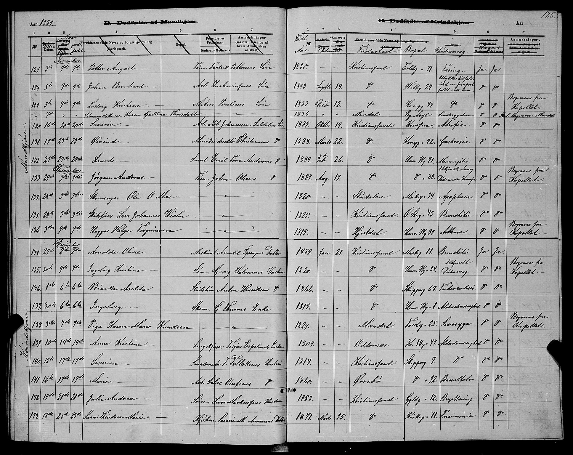 Kristiansand domprosti, AV/SAK-1112-0006/F/Fb/L0016: Parish register (copy) no. B 16, 1881-1893, p. 125