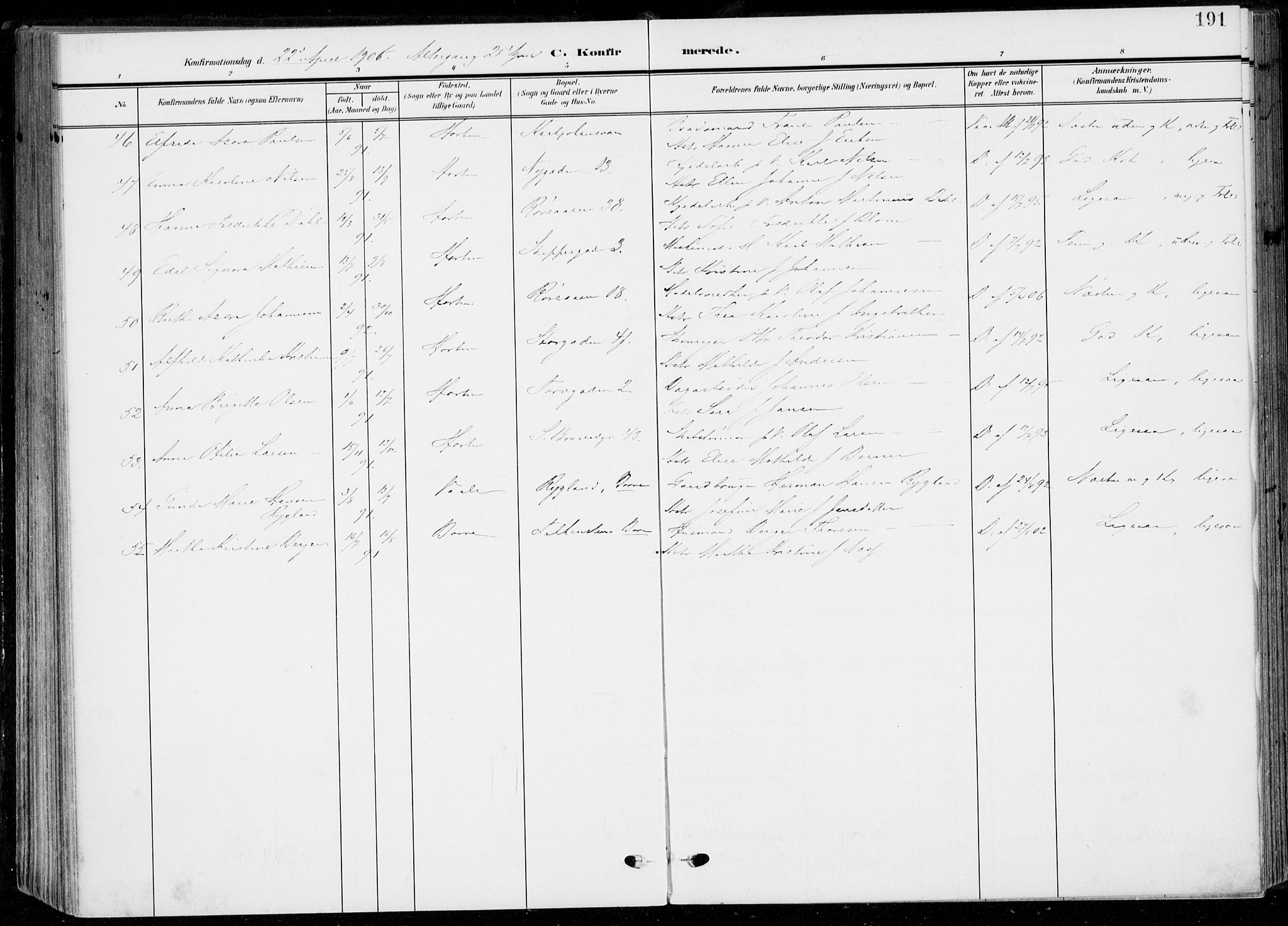 Horten kirkebøker, AV/SAKO-A-348/F/Fa/L0006: Parish register (official) no. 6, 1905-1912, p. 191