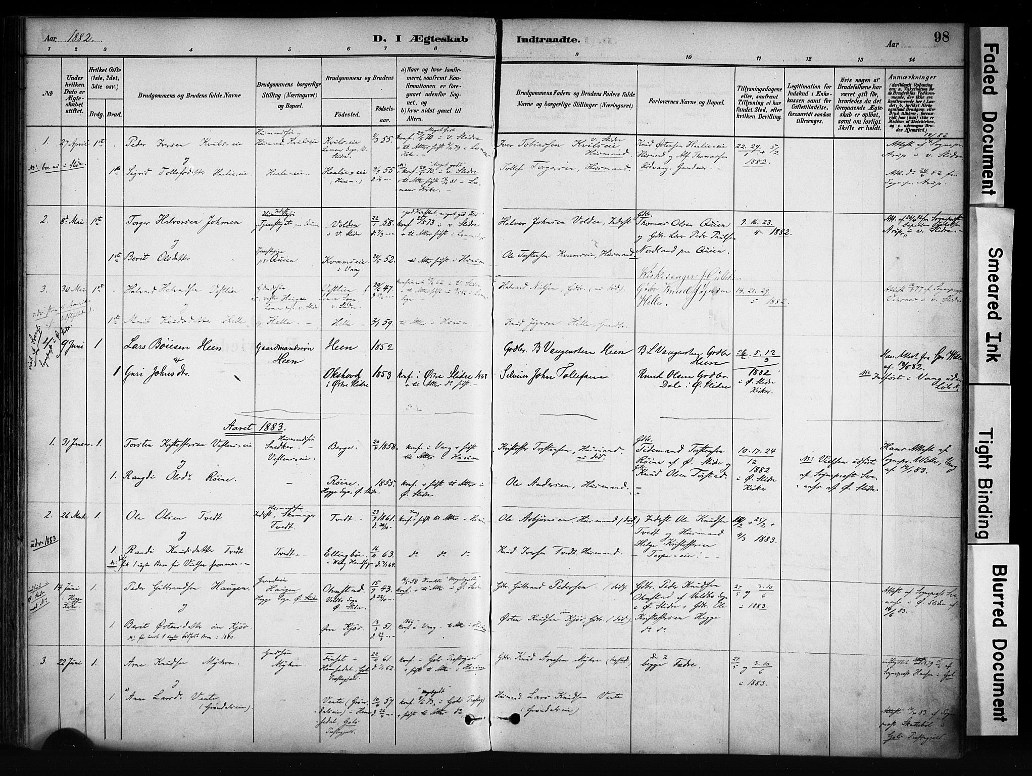 Vang prestekontor, Valdres, SAH/PREST-140/H/Ha/L0009: Parish register (official) no. 9, 1882-1914, p. 98