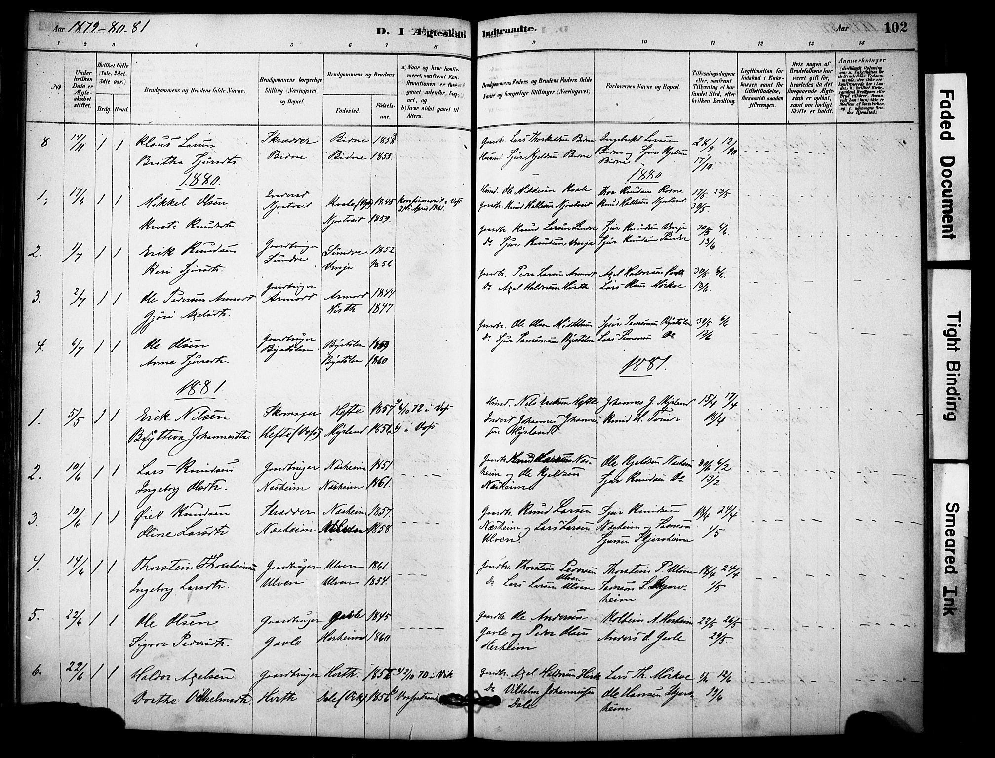 Vossestrand Sokneprestembete, SAB/A-79101/H/Haa: Parish register (official) no. C 1, 1878-1903, p. 102