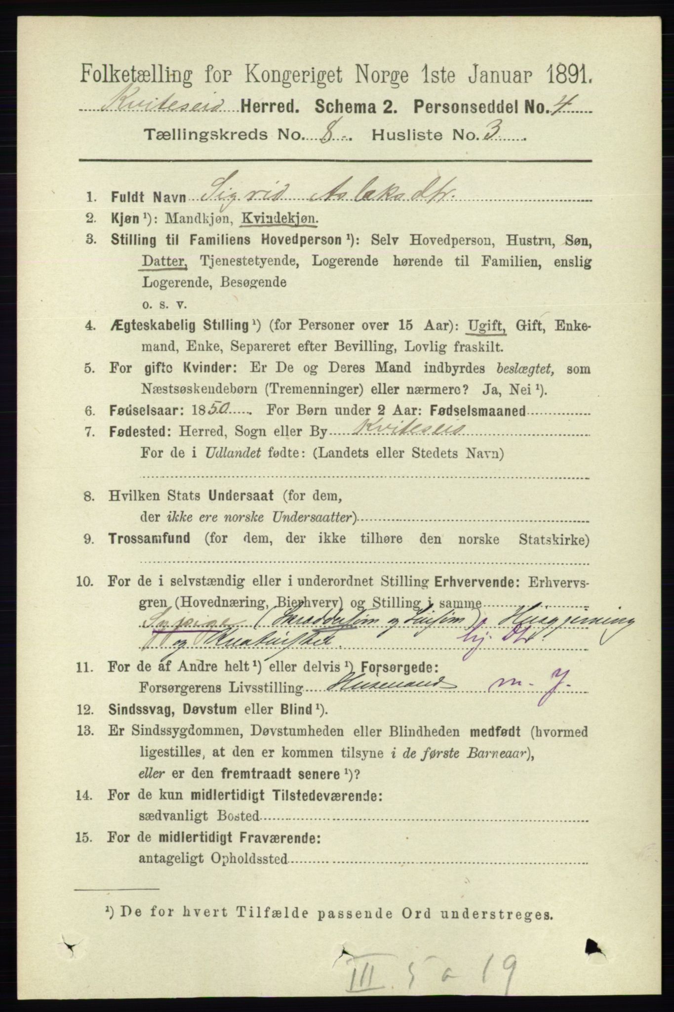 RA, 1891 census for 0829 Kviteseid, 1891, p. 1621