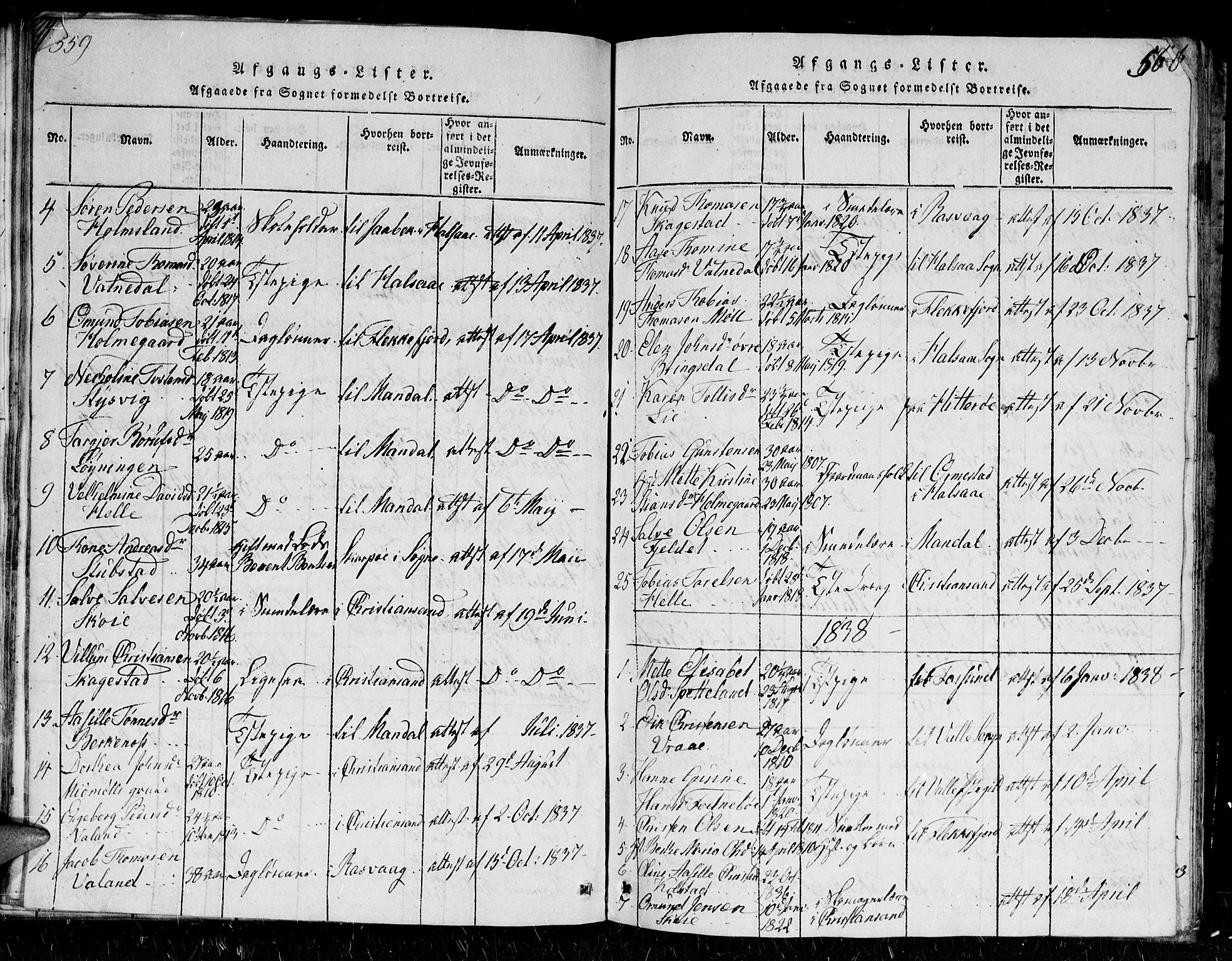 Holum sokneprestkontor, SAK/1111-0022/F/Fb/Fba/L0002: Parish register (copy) no. B 2, 1820-1849, p. 559-560