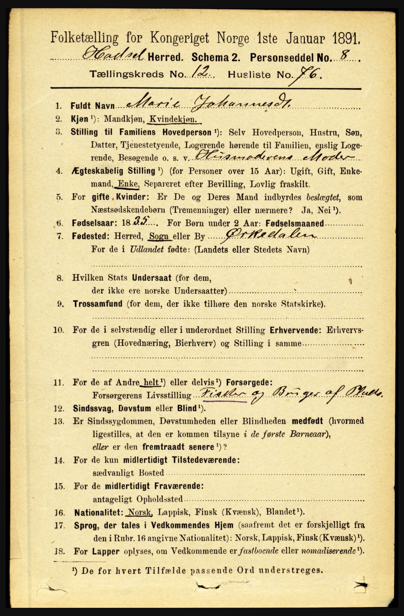 RA, 1891 census for 1866 Hadsel, 1891, p. 5763