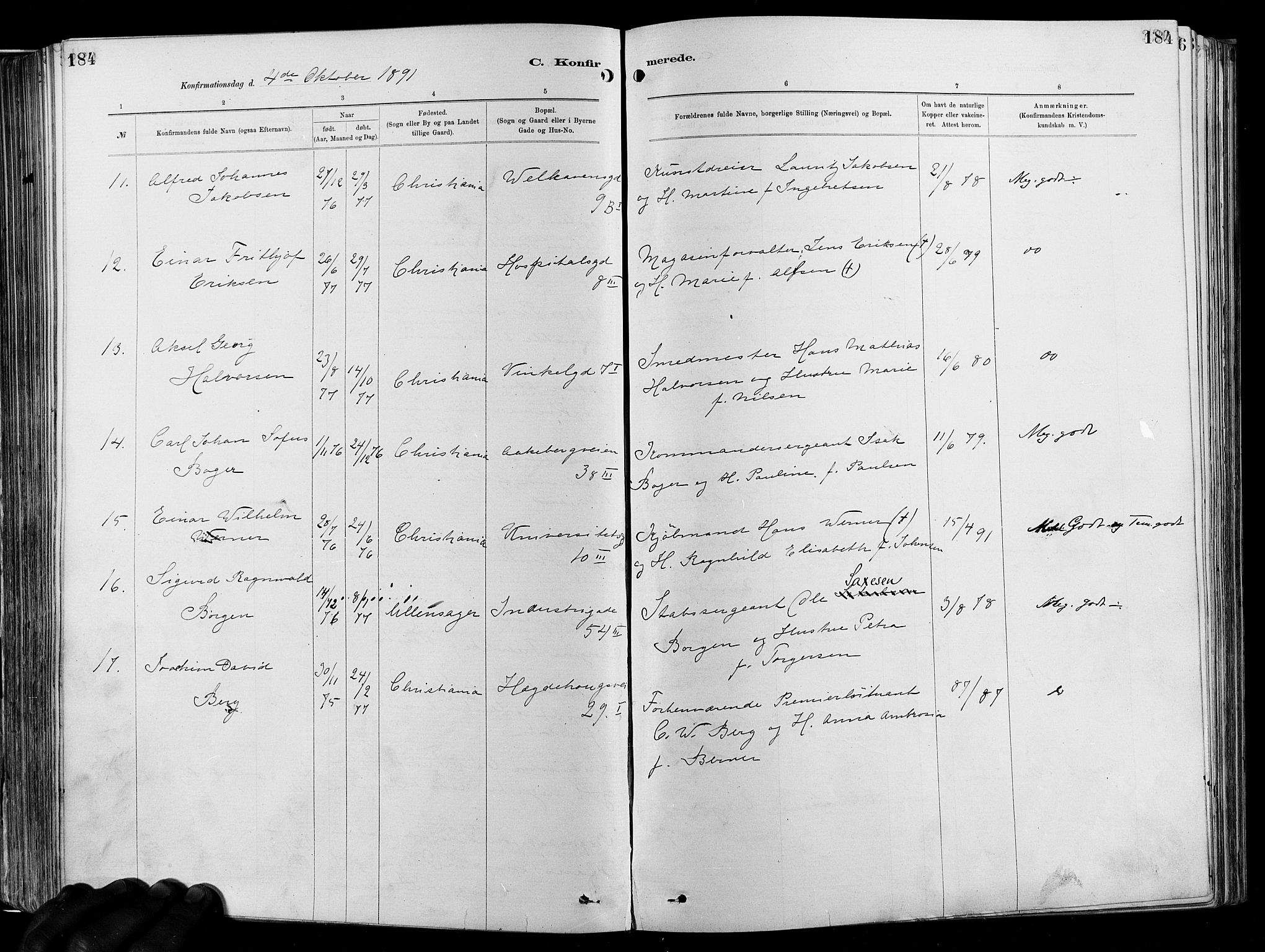 Garnisonsmenigheten Kirkebøker, AV/SAO-A-10846/F/Fa/L0012: Parish register (official) no. 12, 1880-1893, p. 184