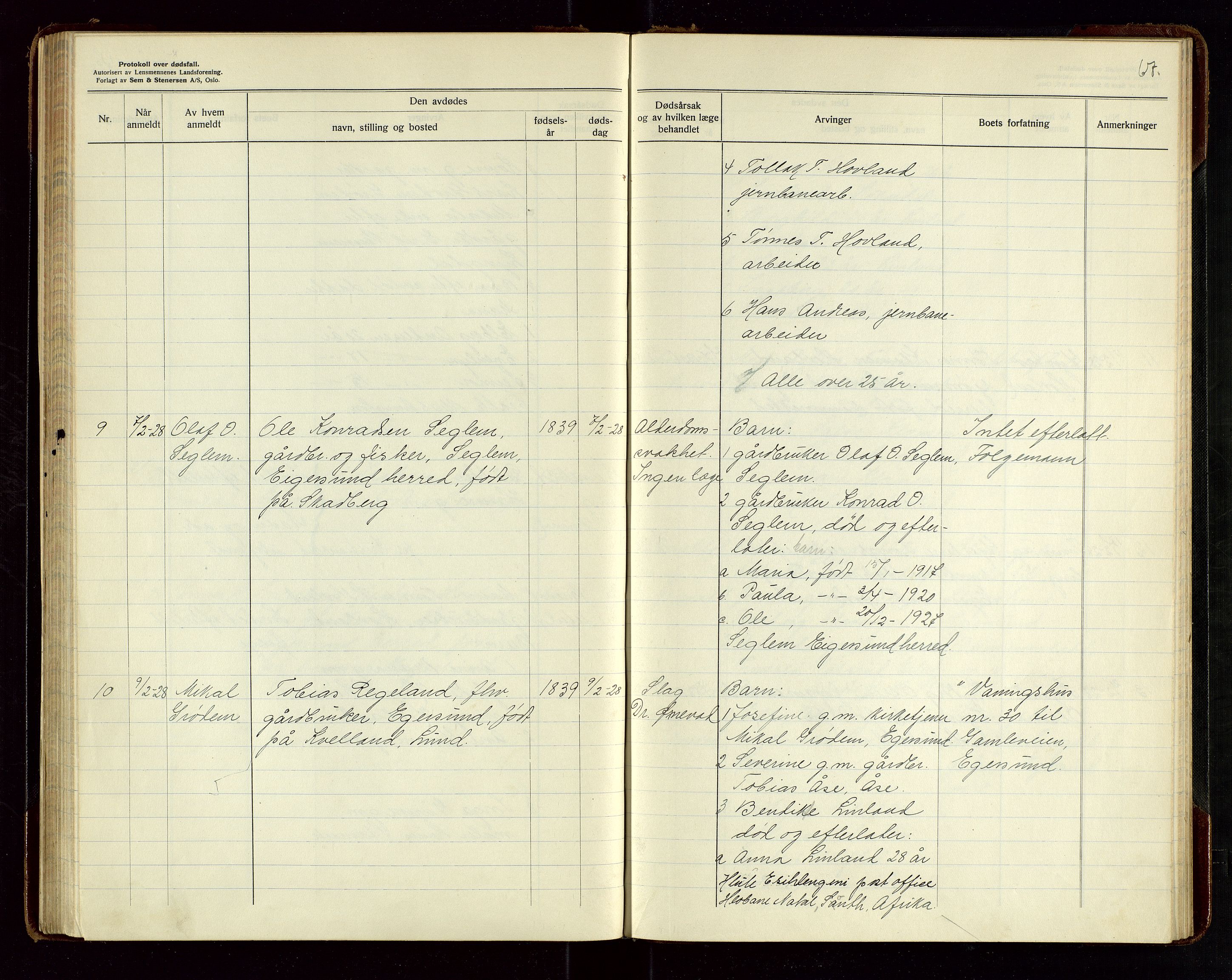 Eigersund lensmannskontor, AV/SAST-A-100171/Gga/L0010: "Protokoll over anmeldte dødsfall" m/alfabetisk navneregister, 1926-1928, p. 67