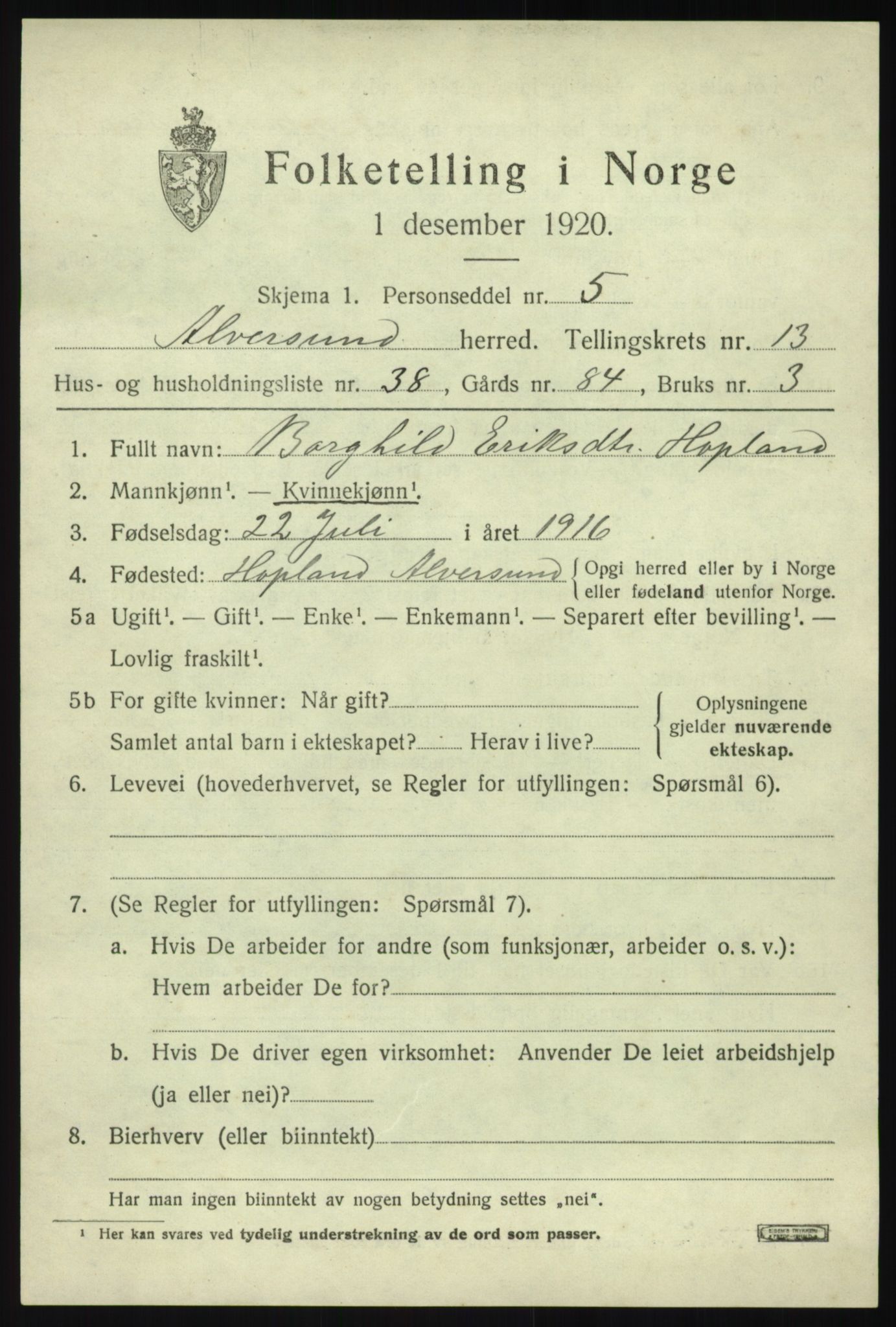 SAB, 1920 census for Alversund, 1920, p. 7652