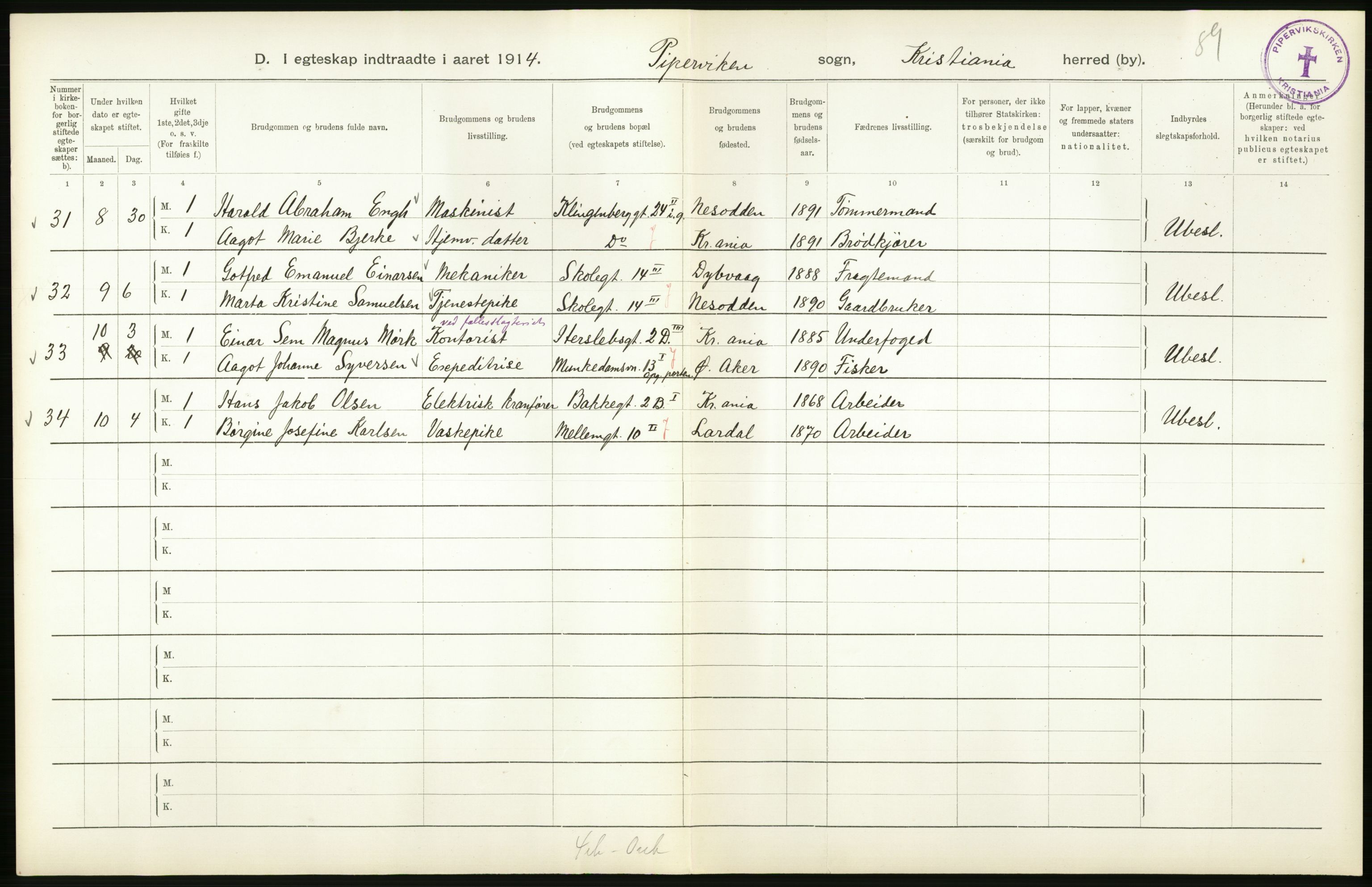 Statistisk sentralbyrå, Sosiodemografiske emner, Befolkning, RA/S-2228/D/Df/Dfb/Dfbd/L0007: Kristiania: Gifte, 1914, p. 92