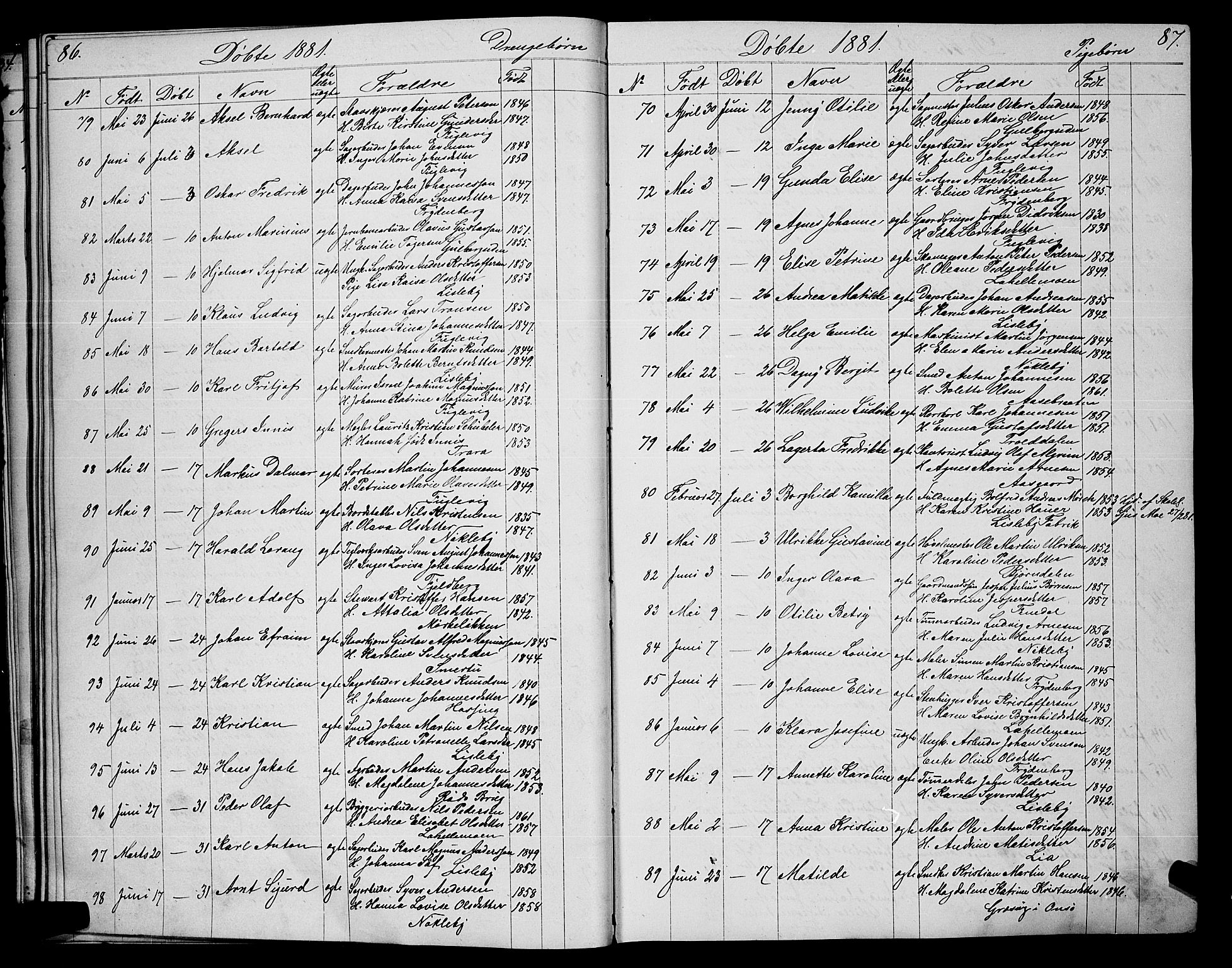 Glemmen prestekontor Kirkebøker, SAO/A-10908/G/Ga/L0005: Parish register (copy) no. 5, 1876-1893, p. 86-87