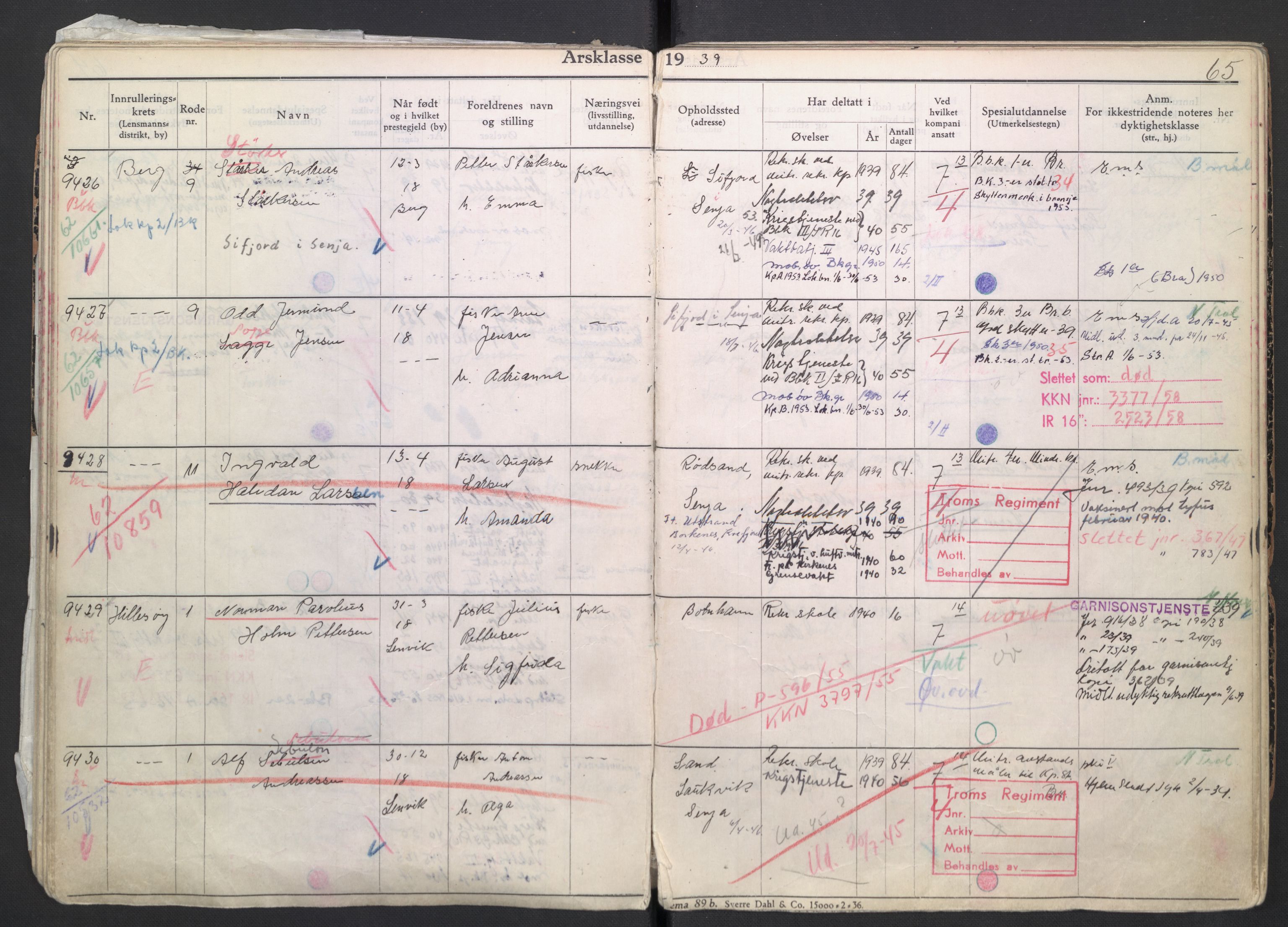 Forsvaret, Troms infanteriregiment nr. 16, AV/RA-RAFA-3146/P/Pa/L0007/0004: Ruller / Rulle for regimentets menige mannskaper, årsklasse 1939, 1939, p. 65