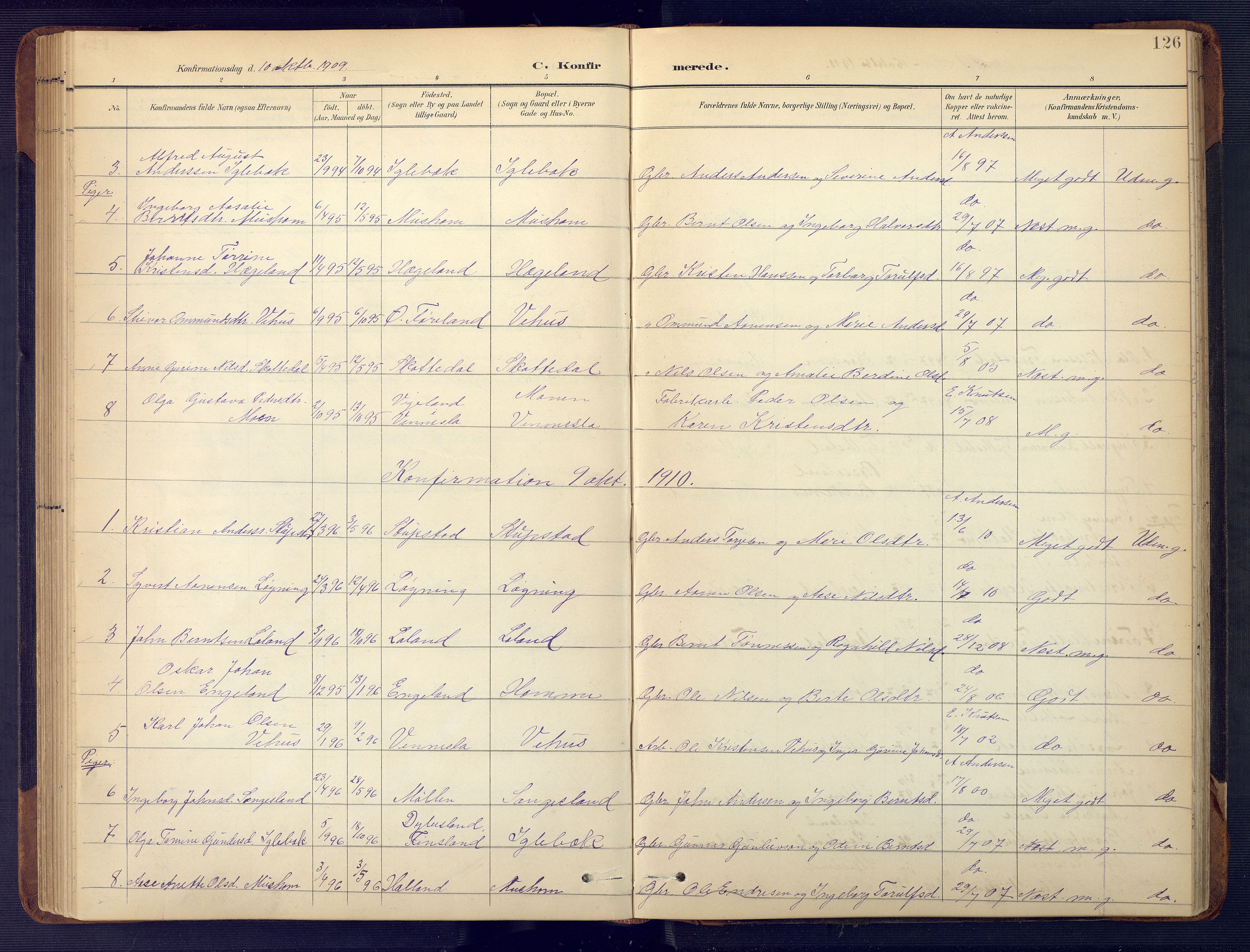 Vennesla sokneprestkontor, SAK/1111-0045/Fb/Fbc/L0003: Parish register (copy) no. B 3, 1895-1946, p. 126
