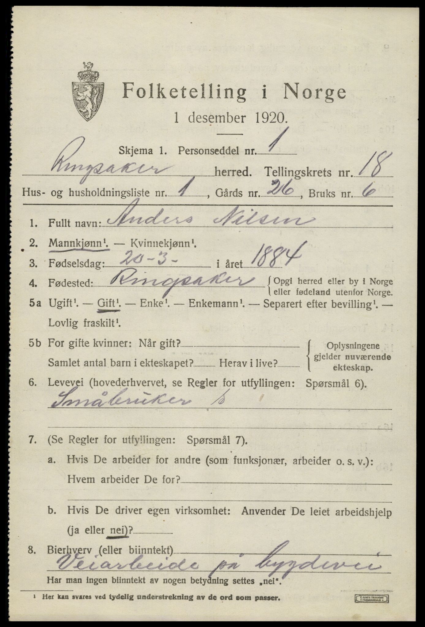 SAH, 1920 census for Ringsaker, 1920, p. 25060