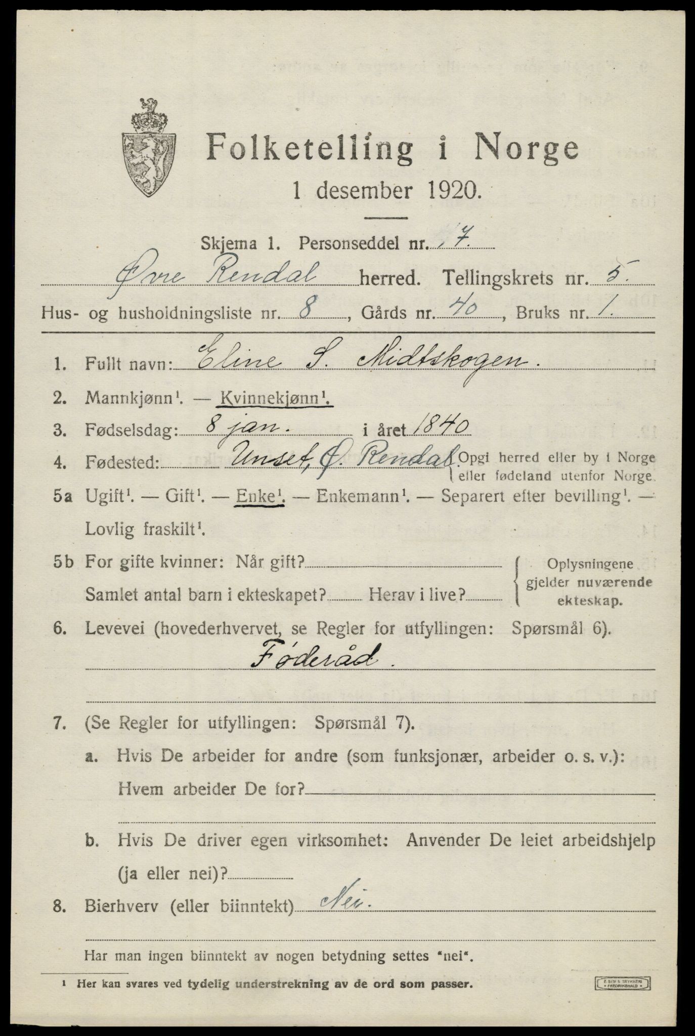 SAH, 1920 census for Øvre Rendal, 1920, p. 2139