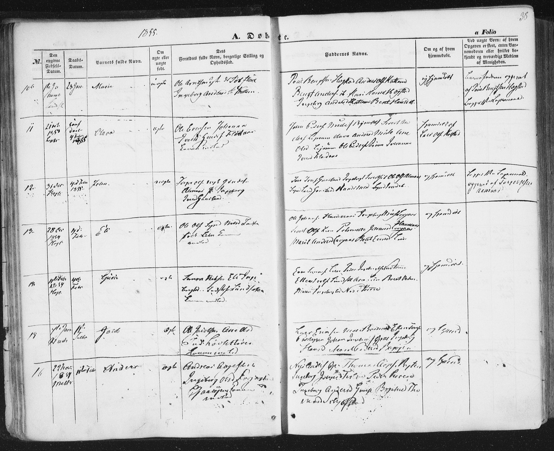 Ministerialprotokoller, klokkerbøker og fødselsregistre - Sør-Trøndelag, AV/SAT-A-1456/691/L1076: Parish register (official) no. 691A08, 1852-1861, p. 38