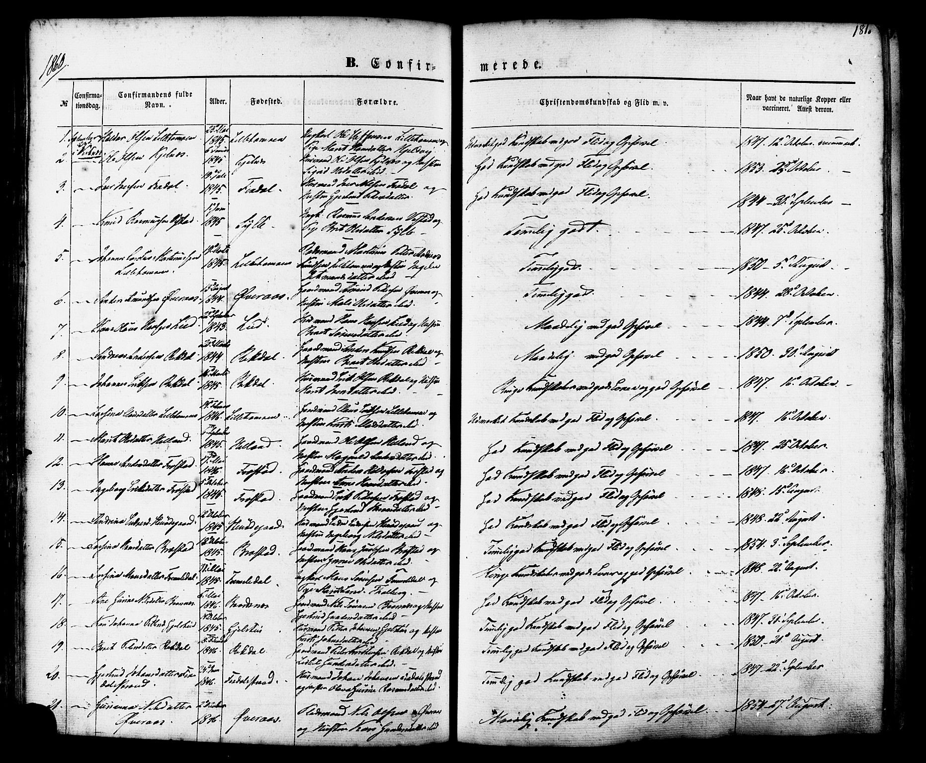Ministerialprotokoller, klokkerbøker og fødselsregistre - Møre og Romsdal, SAT/A-1454/539/L0529: Parish register (official) no. 539A02, 1848-1872, p. 181