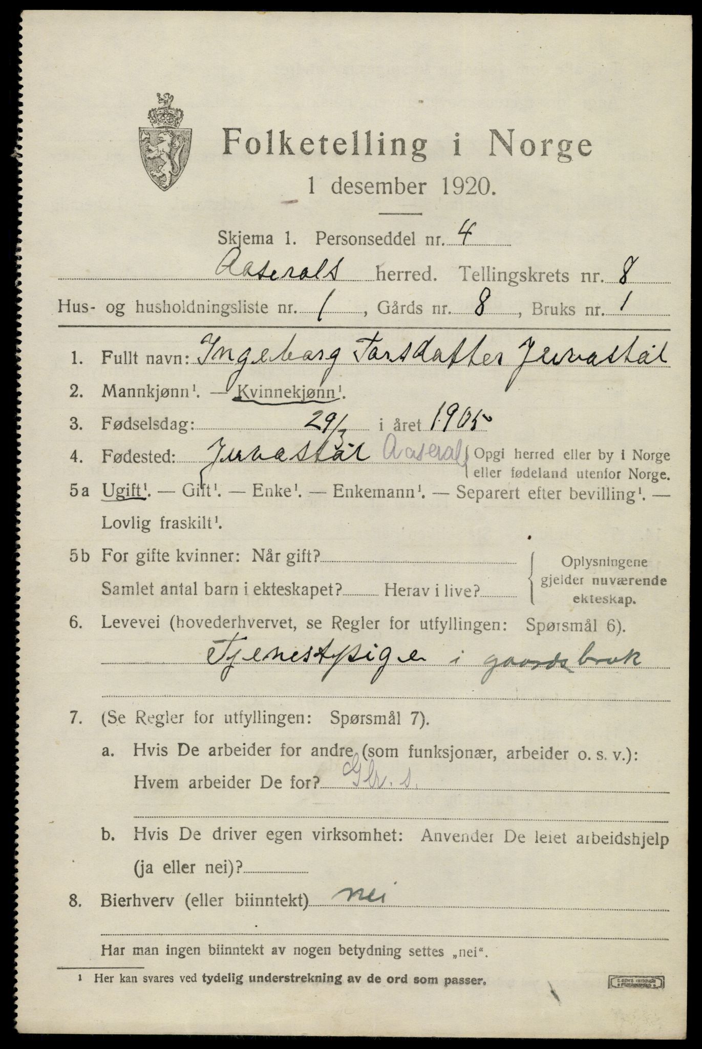 SAK, 1920 census for Åseral, 1920, p. 2446