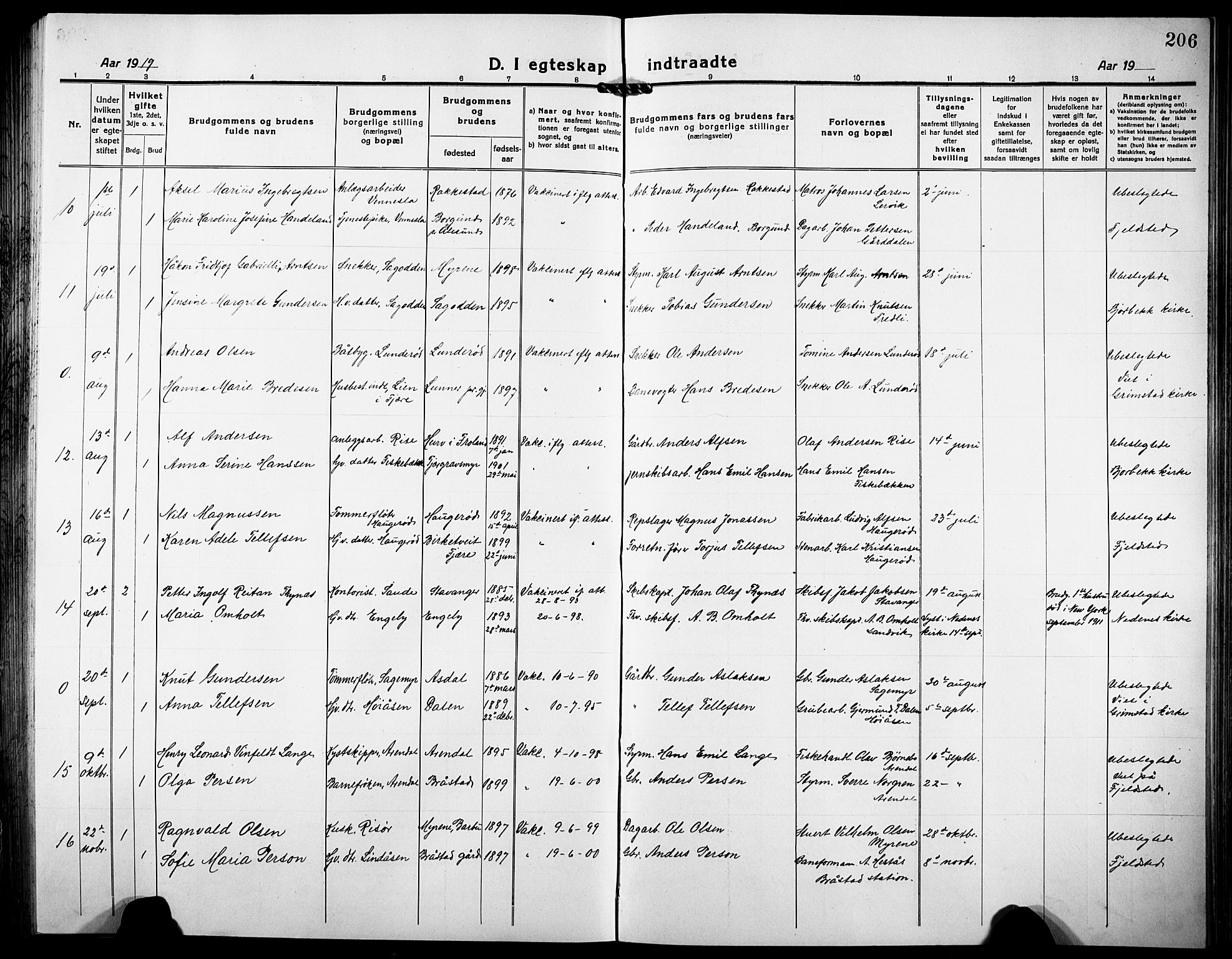 Øyestad sokneprestkontor, SAK/1111-0049/F/Fb/L0012: Parish register (copy) no. B 12, 1919-1932, p. 206