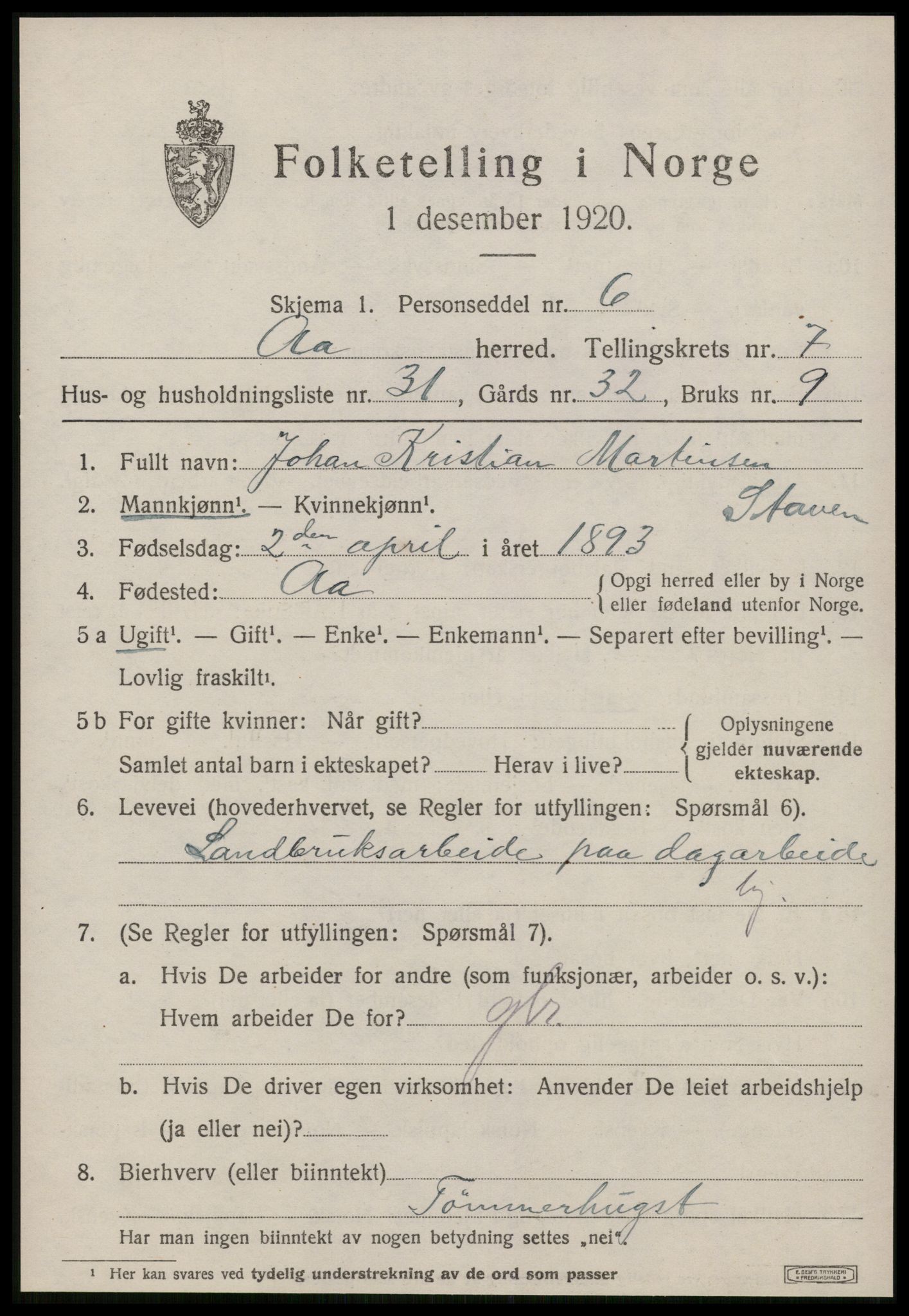 SAT, 1920 census for Å, 1920, p. 3310