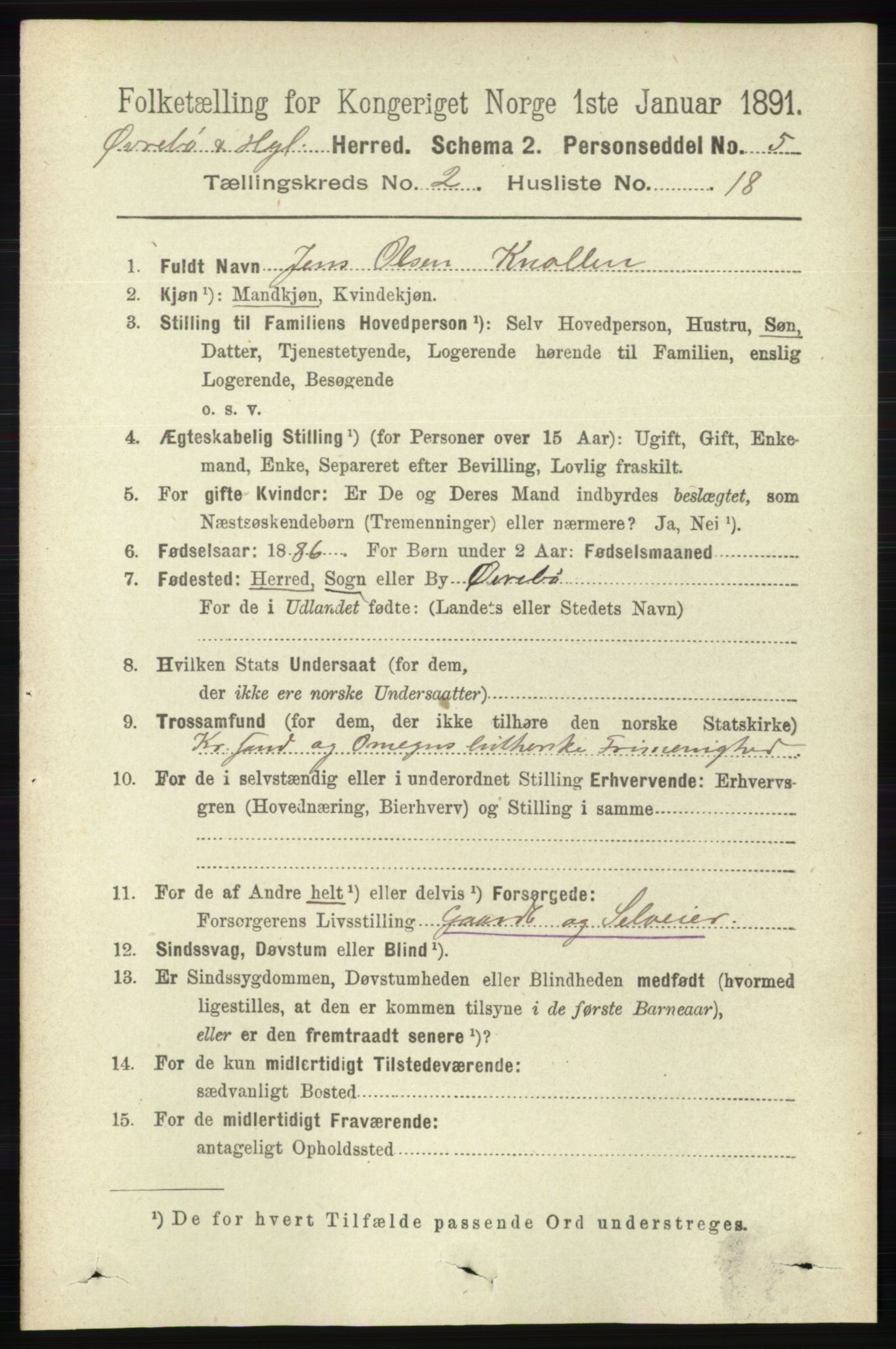 RA, 1891 census for 1016 Øvrebø og Hægeland, 1891, p. 418