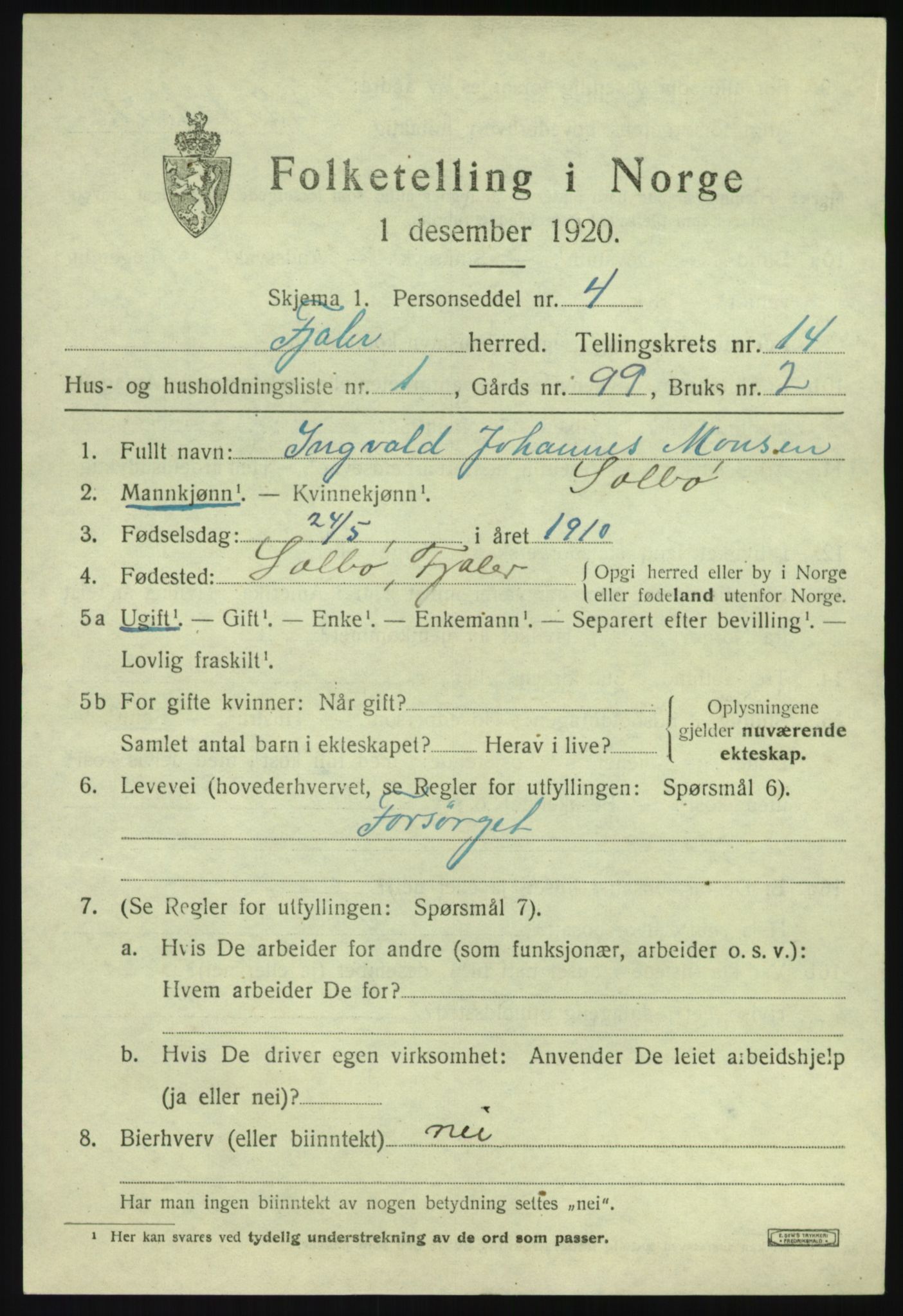 SAB, 1920 census for Fjaler, 1920, p. 7823