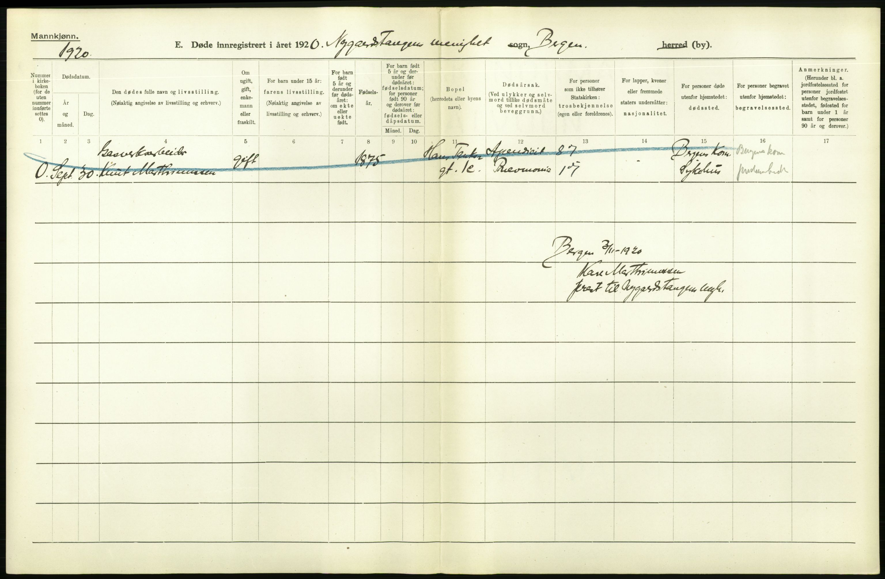 Statistisk sentralbyrå, Sosiodemografiske emner, Befolkning, AV/RA-S-2228/D/Df/Dfb/Dfbj/L0042: Bergen: Gifte, døde, dødfødte., 1920, p. 298