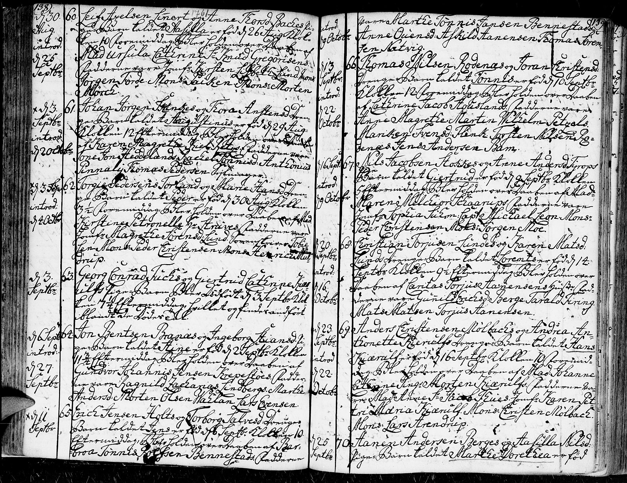 Kristiansand domprosti, SAK/1112-0006/F/Fa/L0002: Parish register (official) no. A 2, 1755-1778, p. 138-139