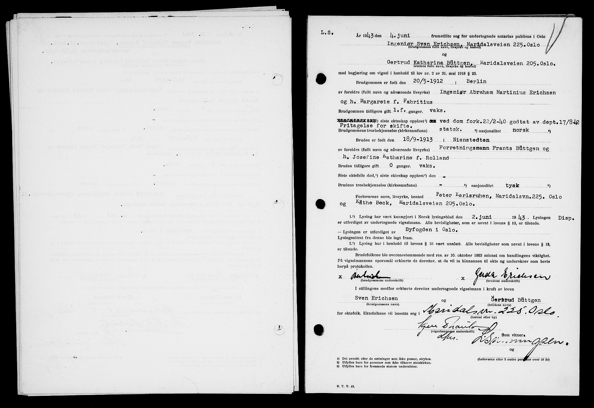 Oslo byfogd avd. I, AV/SAO-A-10220/L/Lb/Lbb/L0045: Notarialprotokoll, rekke II: Vigsler, 1943