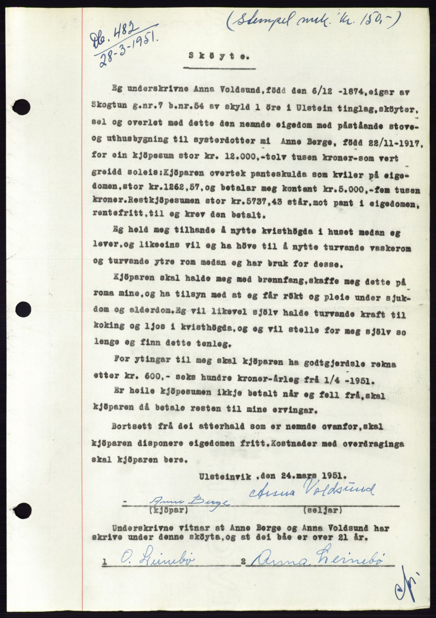 Søre Sunnmøre sorenskriveri, AV/SAT-A-4122/1/2/2C/L0089: Mortgage book no. 15A, 1951-1951, Diary no: : 482/1951