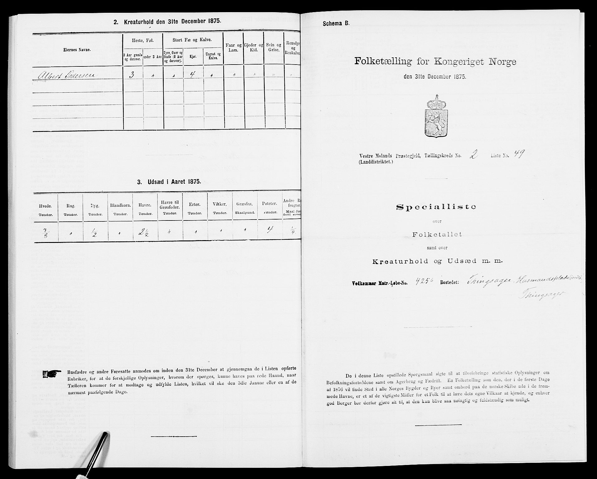 SAK, 1875 census for 0926L Vestre Moland/Vestre Moland, 1875, p. 273