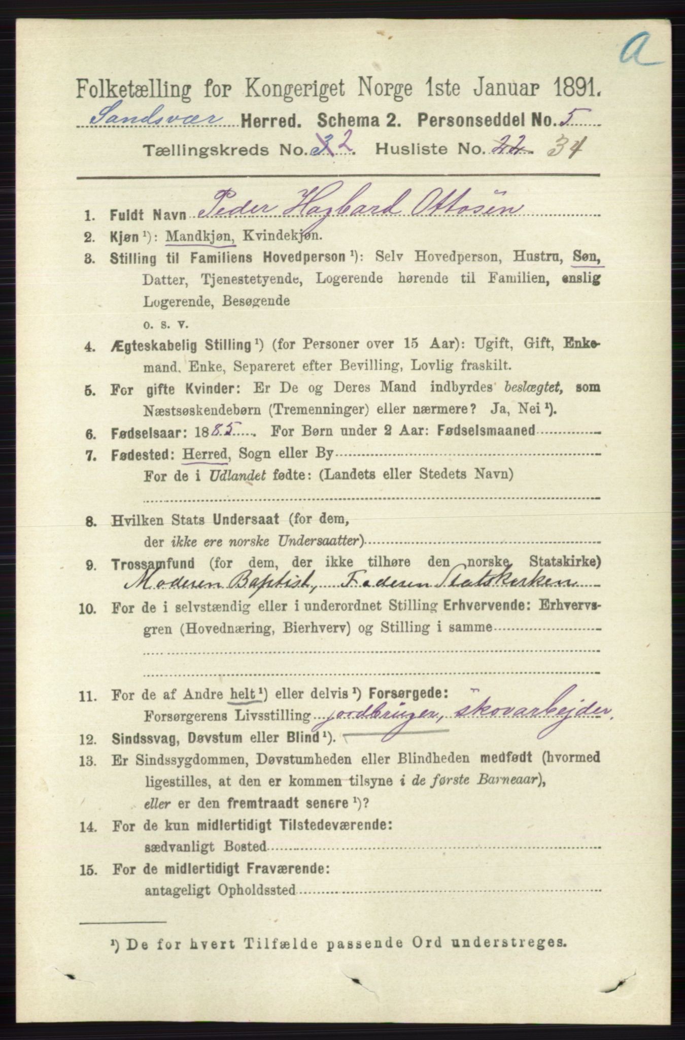 RA, 1891 census for 0629 Sandsvær, 1891, p. 883