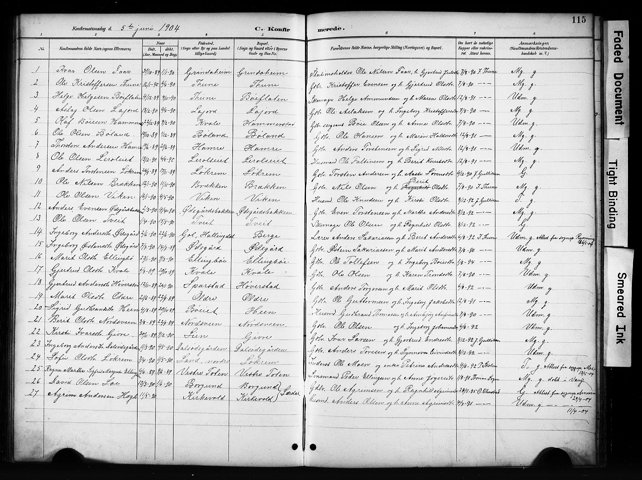 Vang prestekontor, Valdres, SAH/PREST-140/H/Hb/L0006: Parish register (copy) no. 6, 1893-1918, p. 115