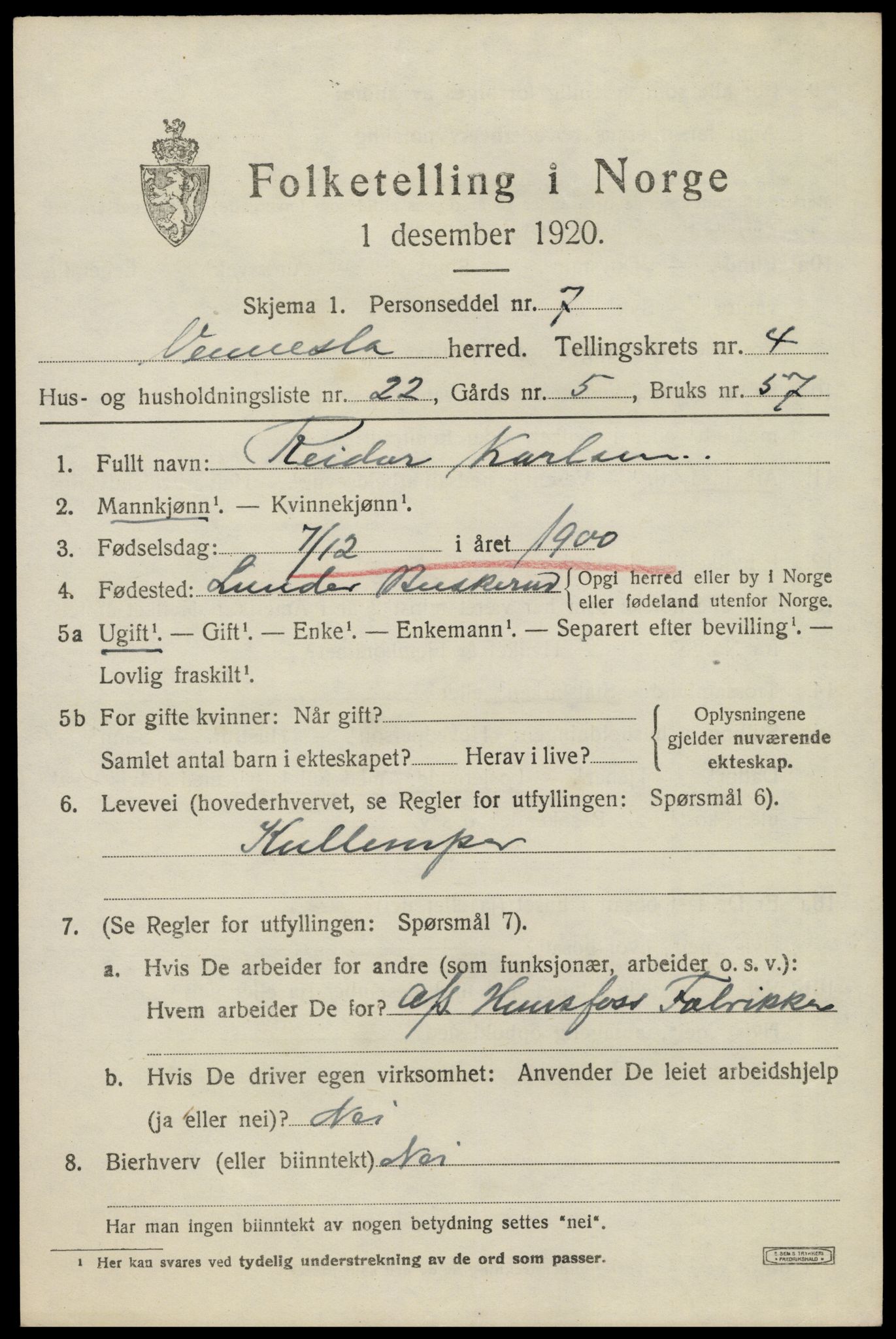 SAK, 1920 census for Vennesla, 1920, p. 3126