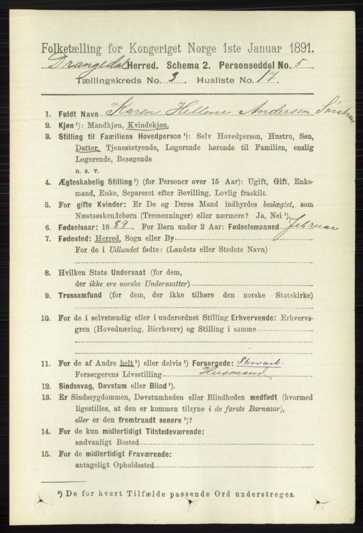 RA, 1891 census for 0817 Drangedal, 1891, p. 957